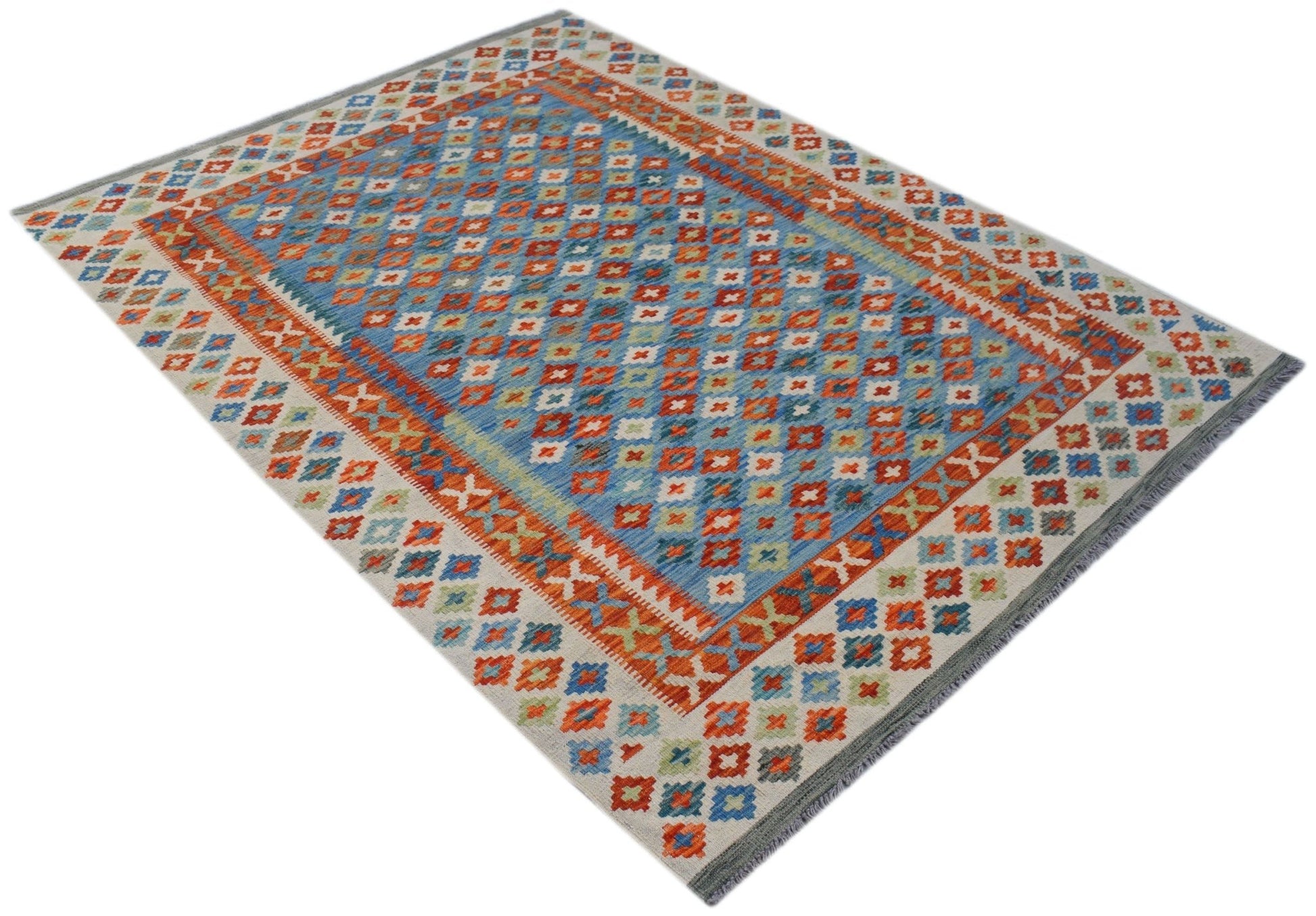 A rectangular, handwoven Afghan Maimana kilim rug featuring a geometric pattern in vibrant colors.