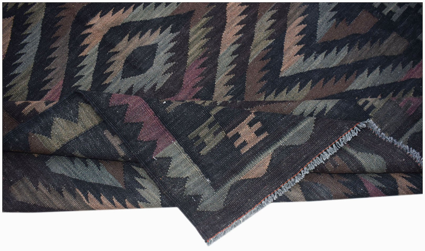 Handwoven Afghan Maimana kilim featuring a geometric pattern in dark earth tones.