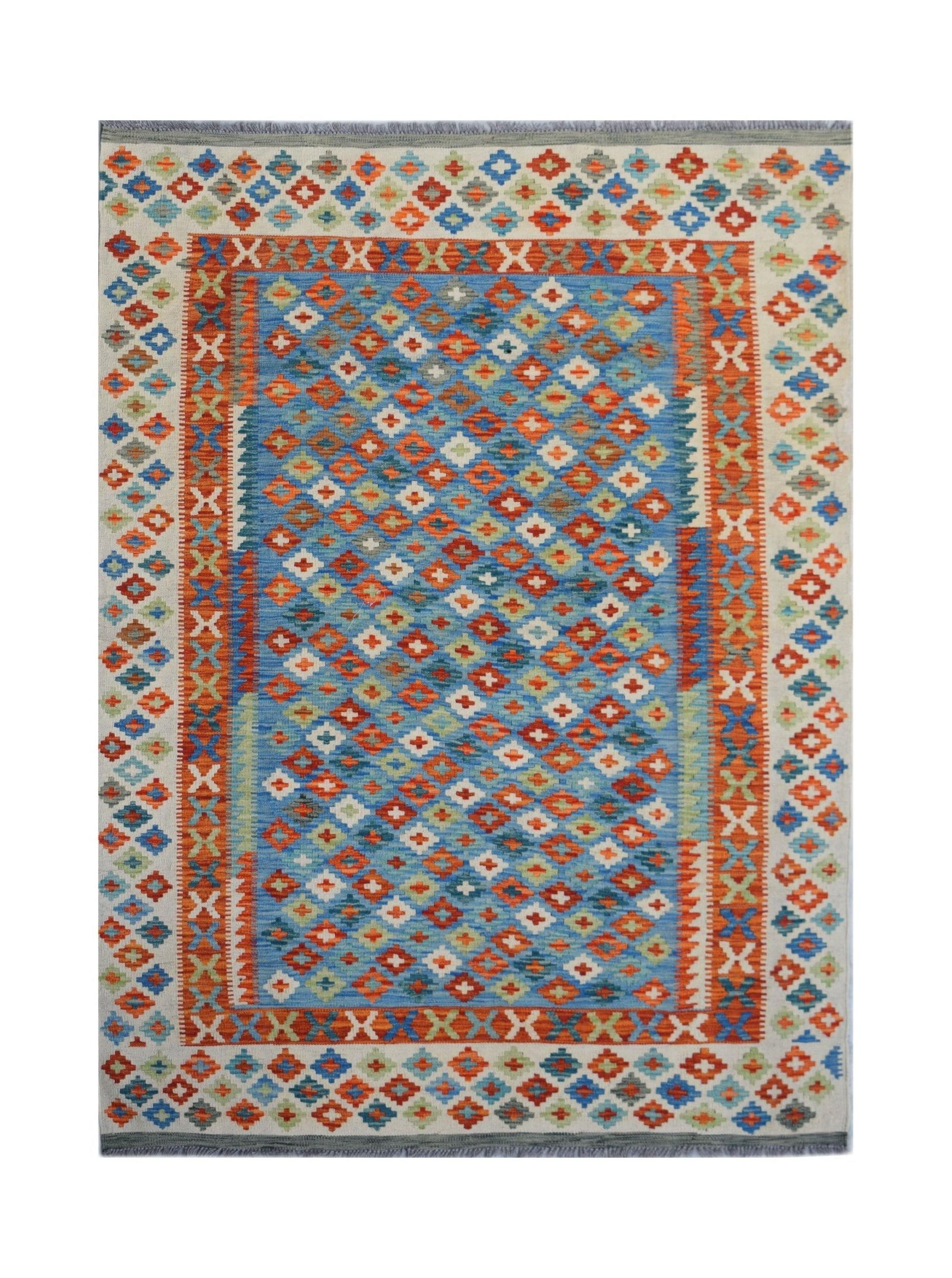 Handwoven Afghan Maimana kilim rug featuring a blue field with colorful geometric diamond patterns.