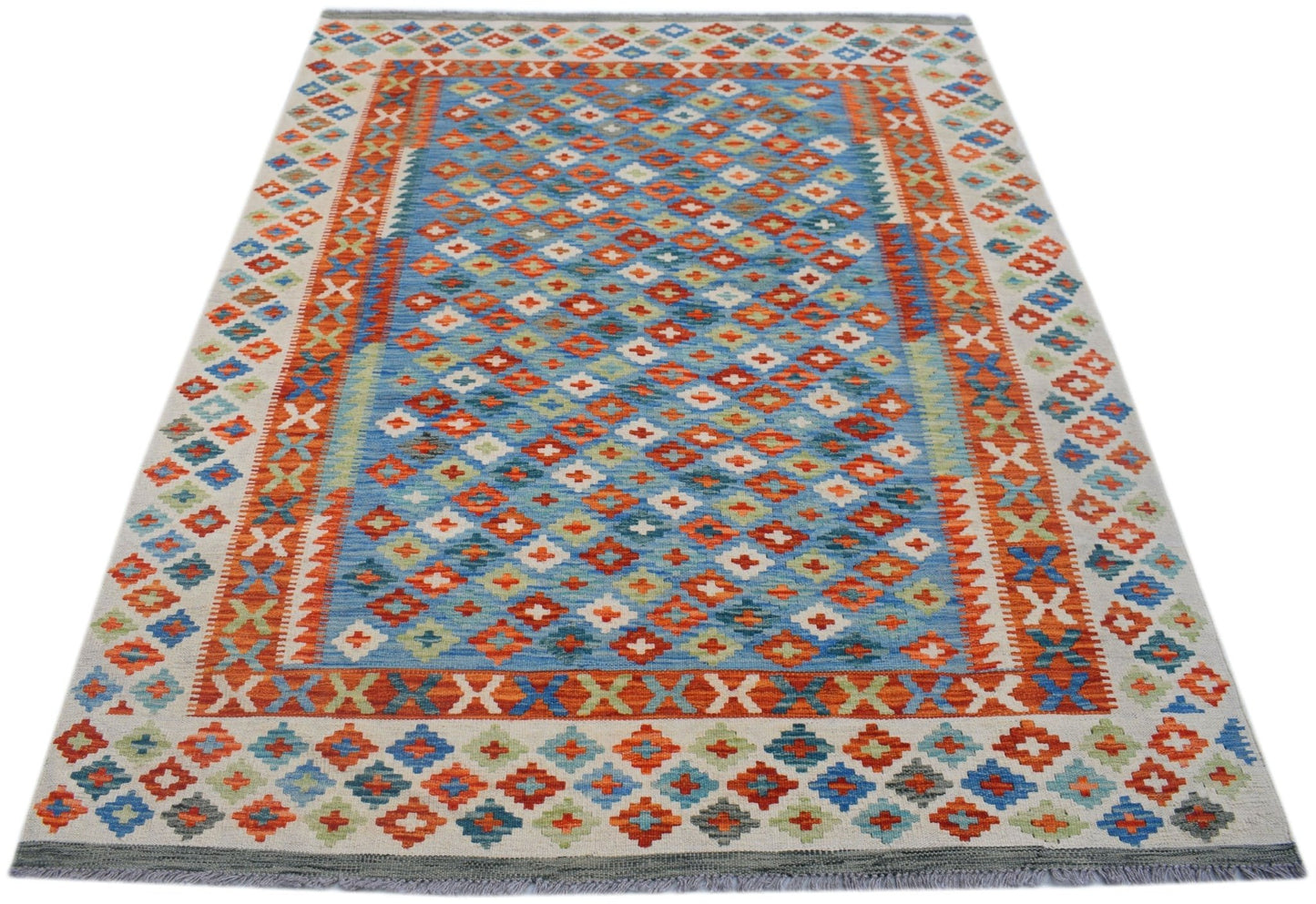 Handwoven Afghan Maimana kilim rug featuring a vibrant geometric diamond pattern in wool.