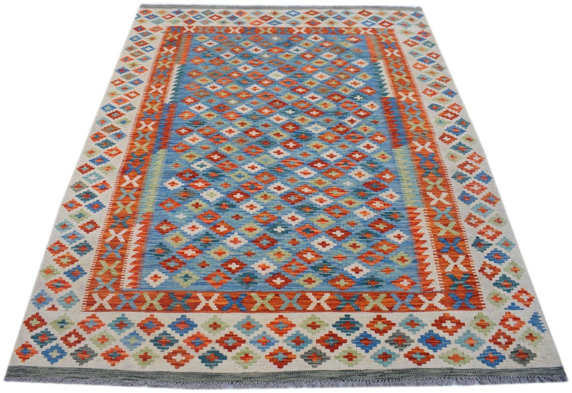 Handwoven Afghan Maimana kilim rug featuring a vibrant geometric diamond pattern in wool.