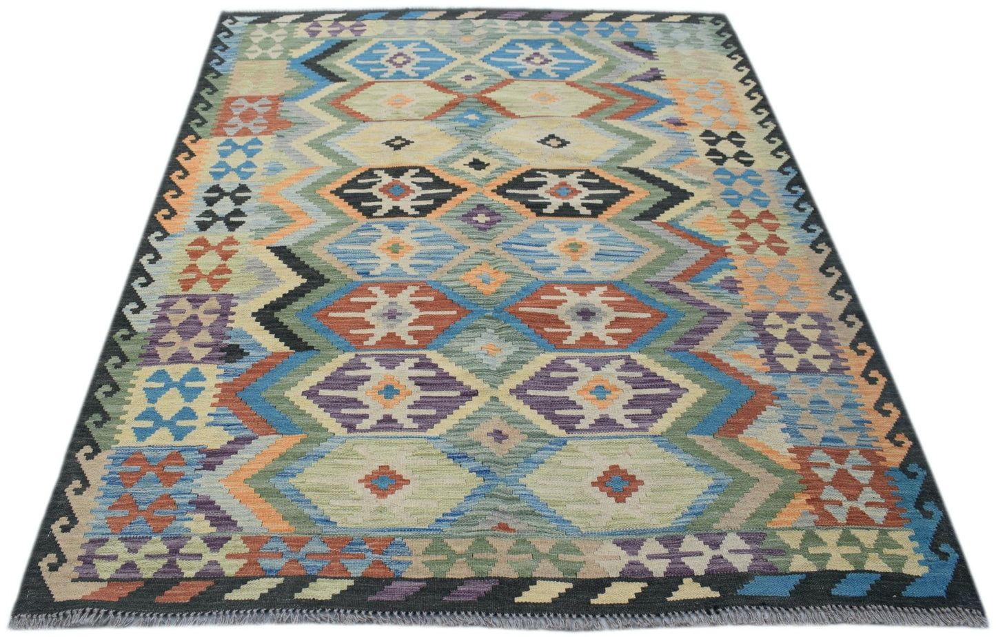 Handwoven Afghan Maimana kilim rug featuring a colorful geometric diamond pattern in wool.