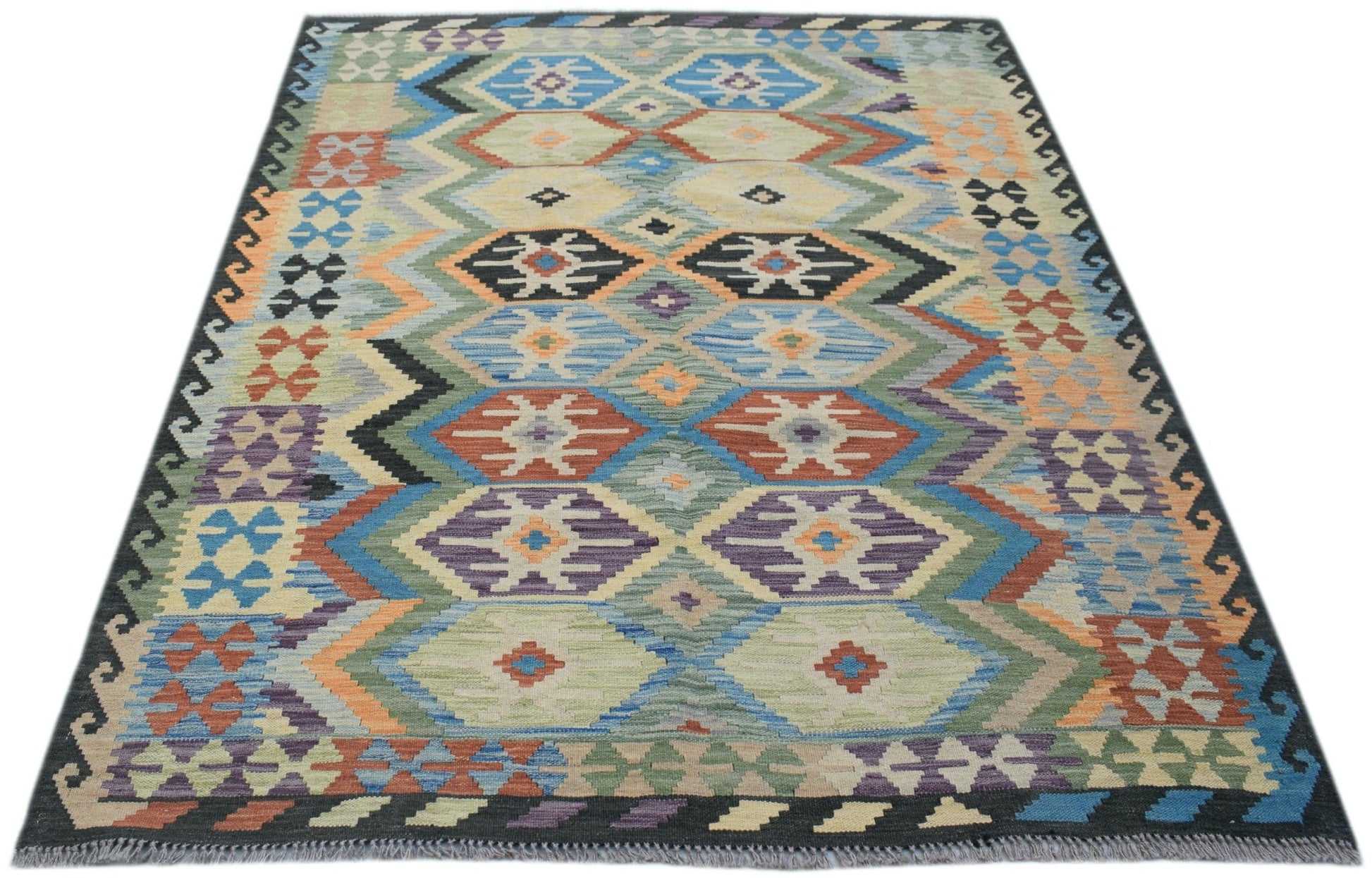 Handwoven Afghan Maimana kilim rug featuring a colorful geometric diamond pattern in wool.