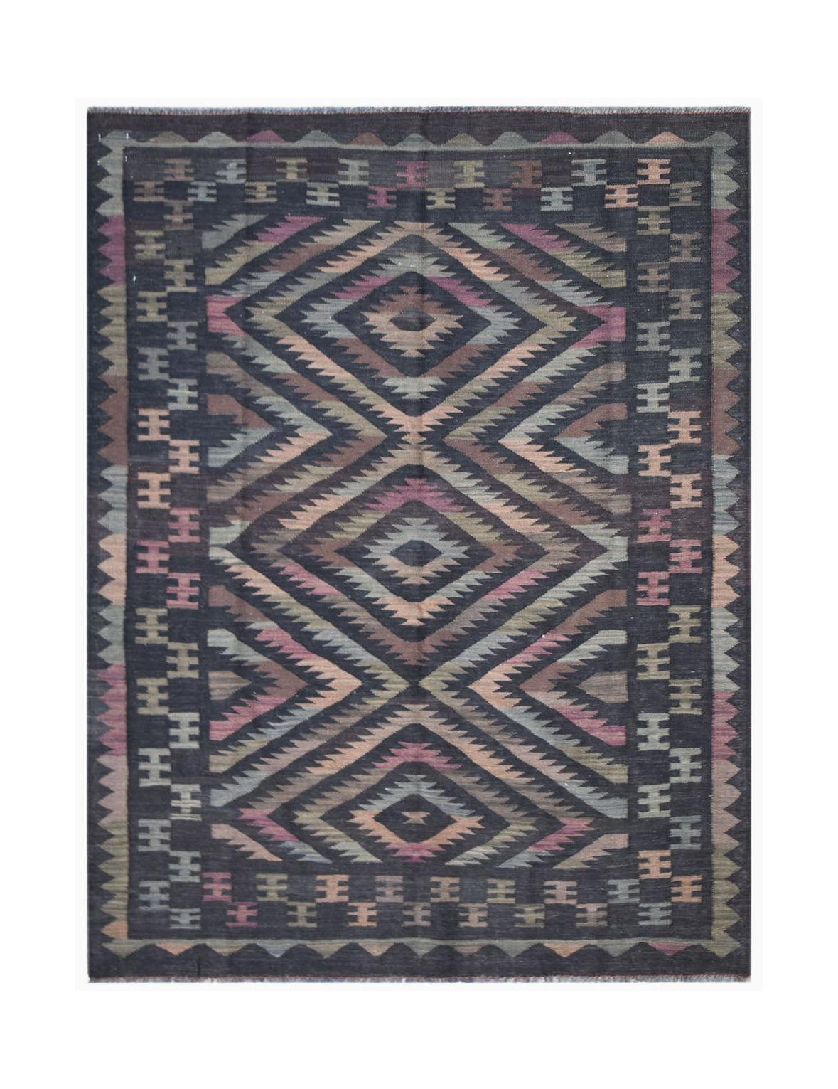Handwoven Afghan Maimana kilim rug featuring a dark background with geometric diamond patterns.