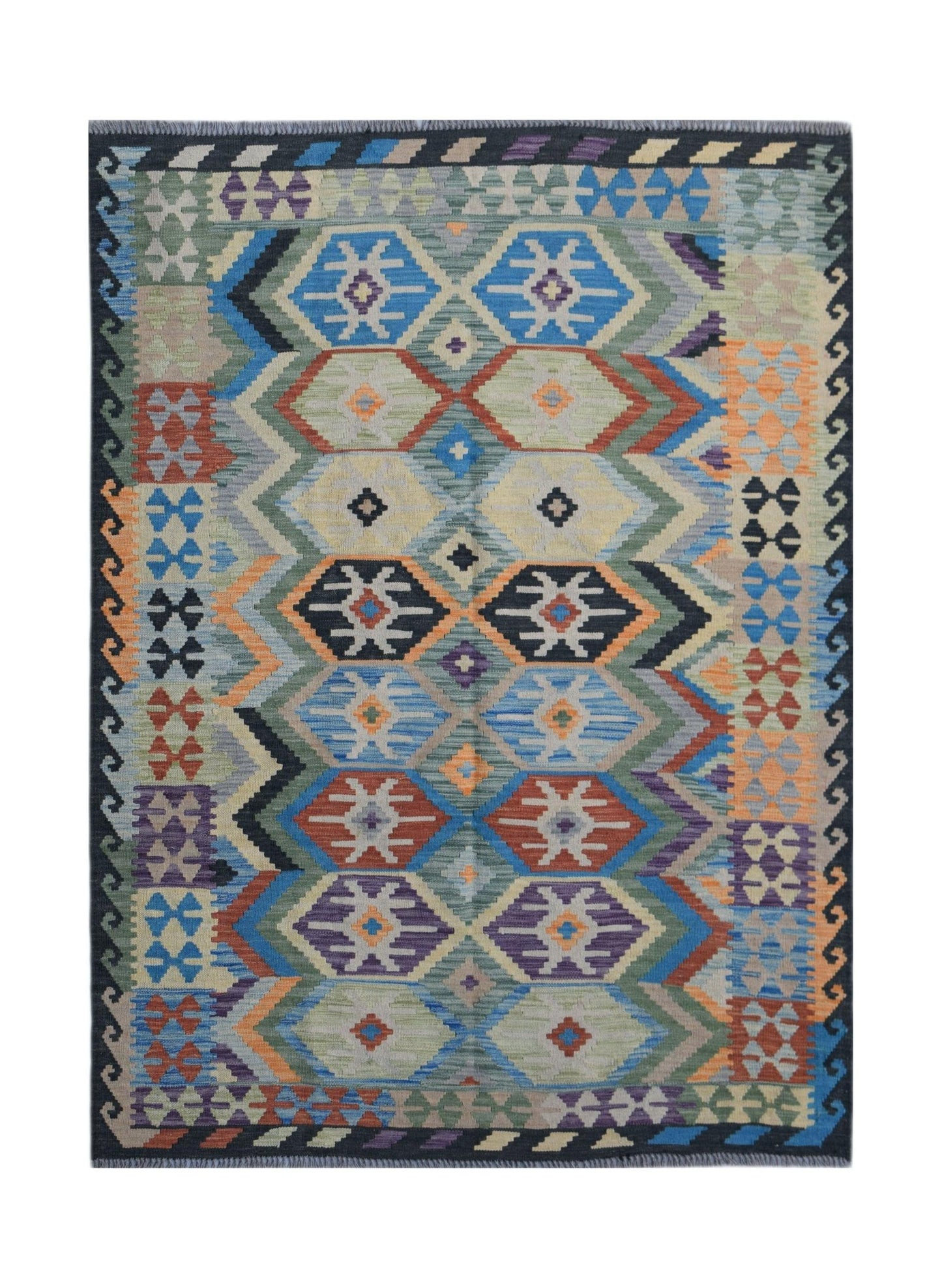 Handwoven Afghan Maimana kilim rug featuring a colorful geometric pattern in wool.