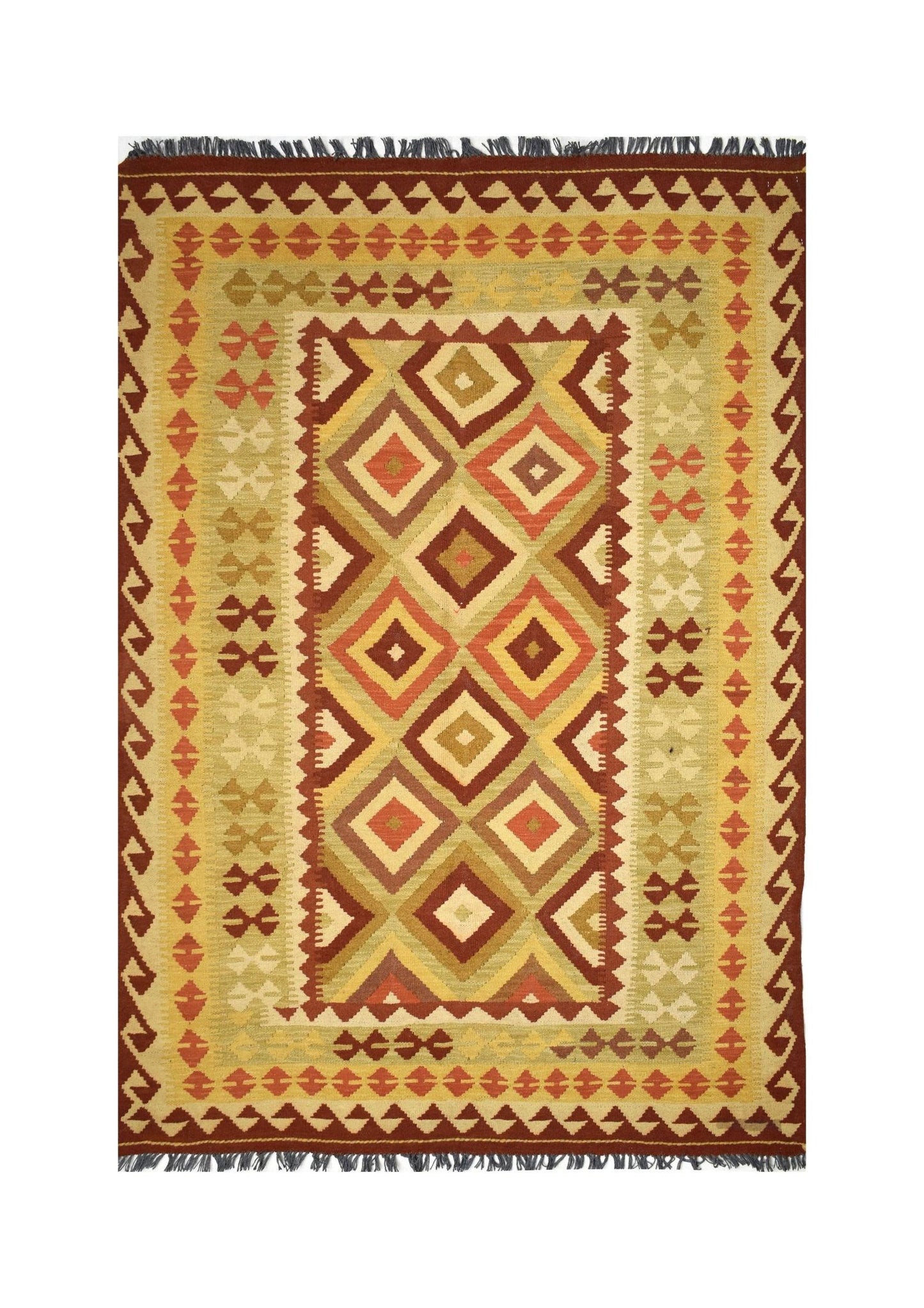 Handmade Afghan Maimana kilim rug featuring a geometric diamond pattern in warm earth tones.