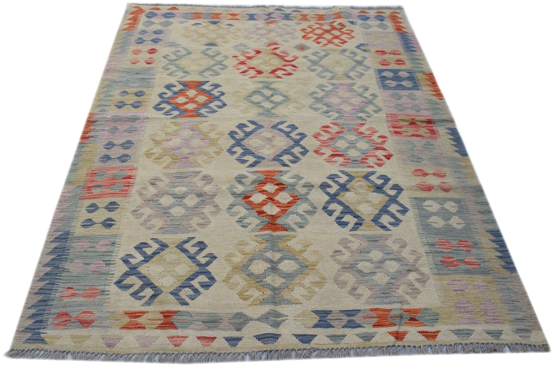 Handwoven Afghan Maimana kilim rug featuring a geometric pattern in multi-colored wool.
