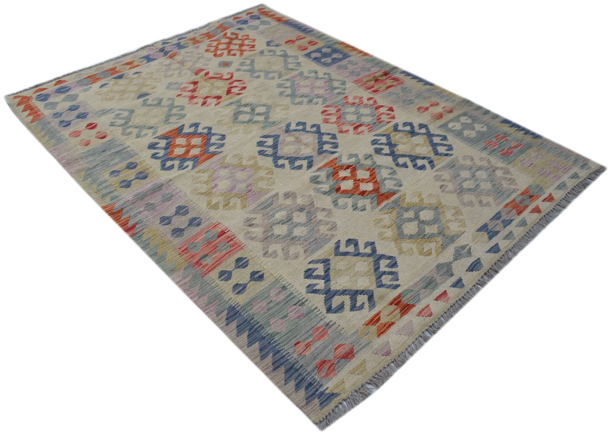 Handwoven Afghan Maimana kilim rug featuring a geometric pattern in red, blue, and neutral tones.