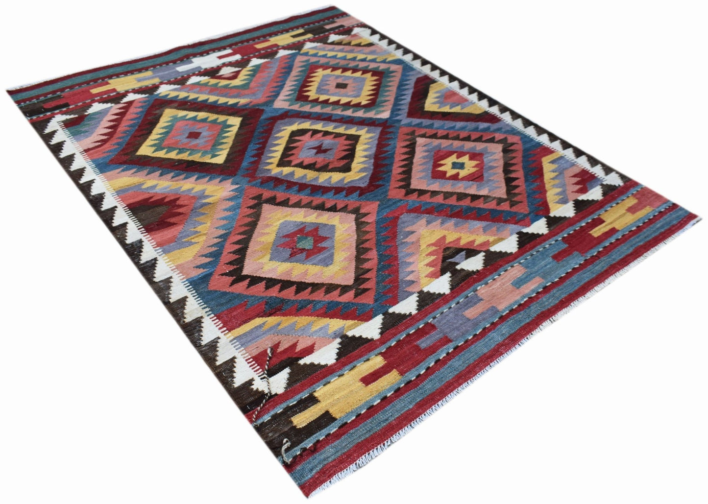 Handwoven Afghan Maimana kilim rug featuring a colorful geometric diamond pattern.