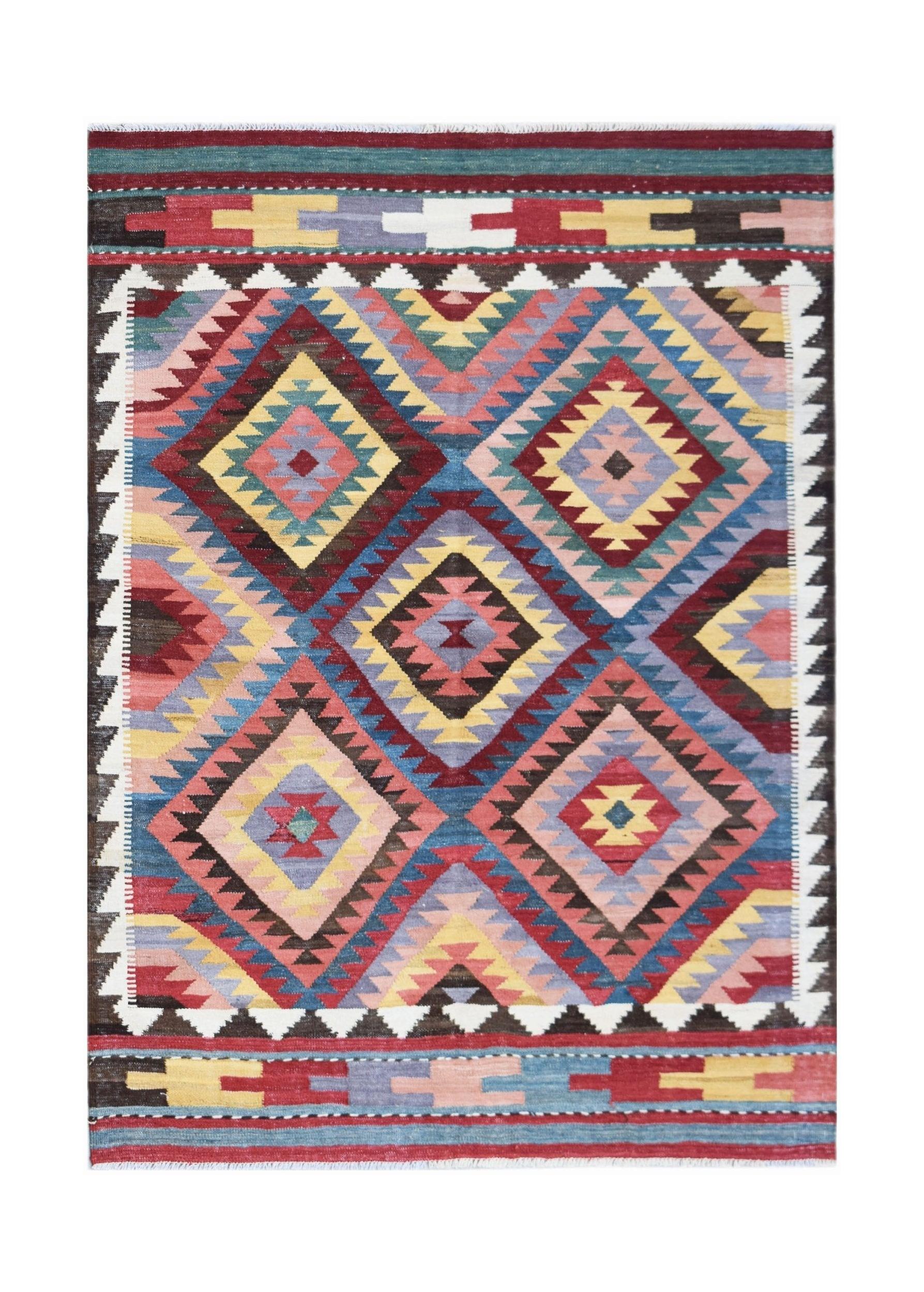 Handwoven Afghan Maimana kilim rug featuring a colorful geometric diamond pattern.