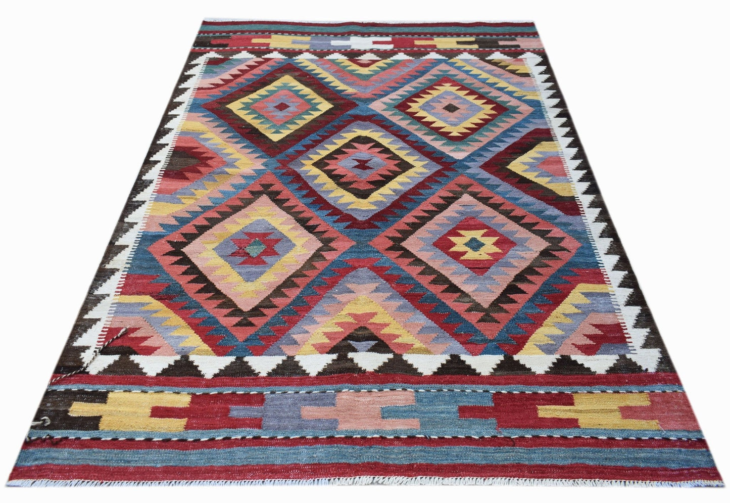 Handwoven Afghan Maimana kilim rug featuring a colorful geometric diamond pattern in wool.