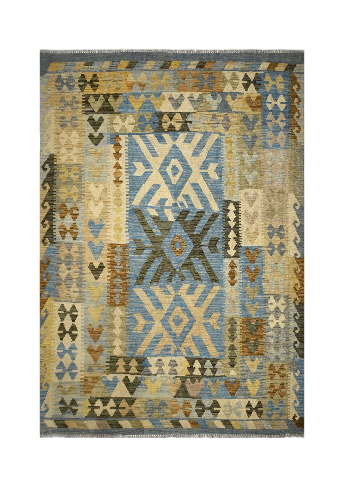 Handmade Afghan Maimana kilim rug featuring a geometric pattern in blue, brown, and beige tones.