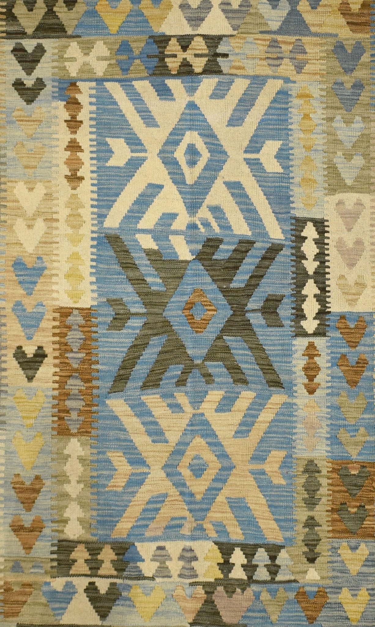 Handmade Afghan Maimana kilim rug featuring a geometric pattern in blue, brown, and cream tones.