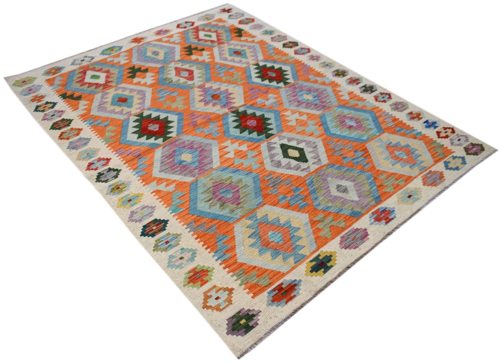 Handwoven Afghan Maimana kilim rug featuring a vibrant geometric pattern in wool.
