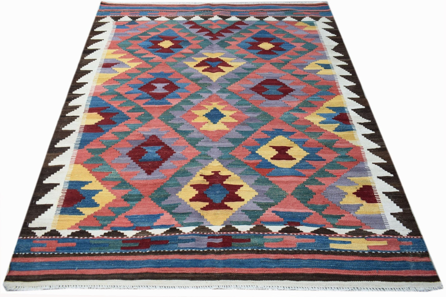 Handwoven Afghan Maimana kilim rug featuring a colorful geometric diamond pattern.