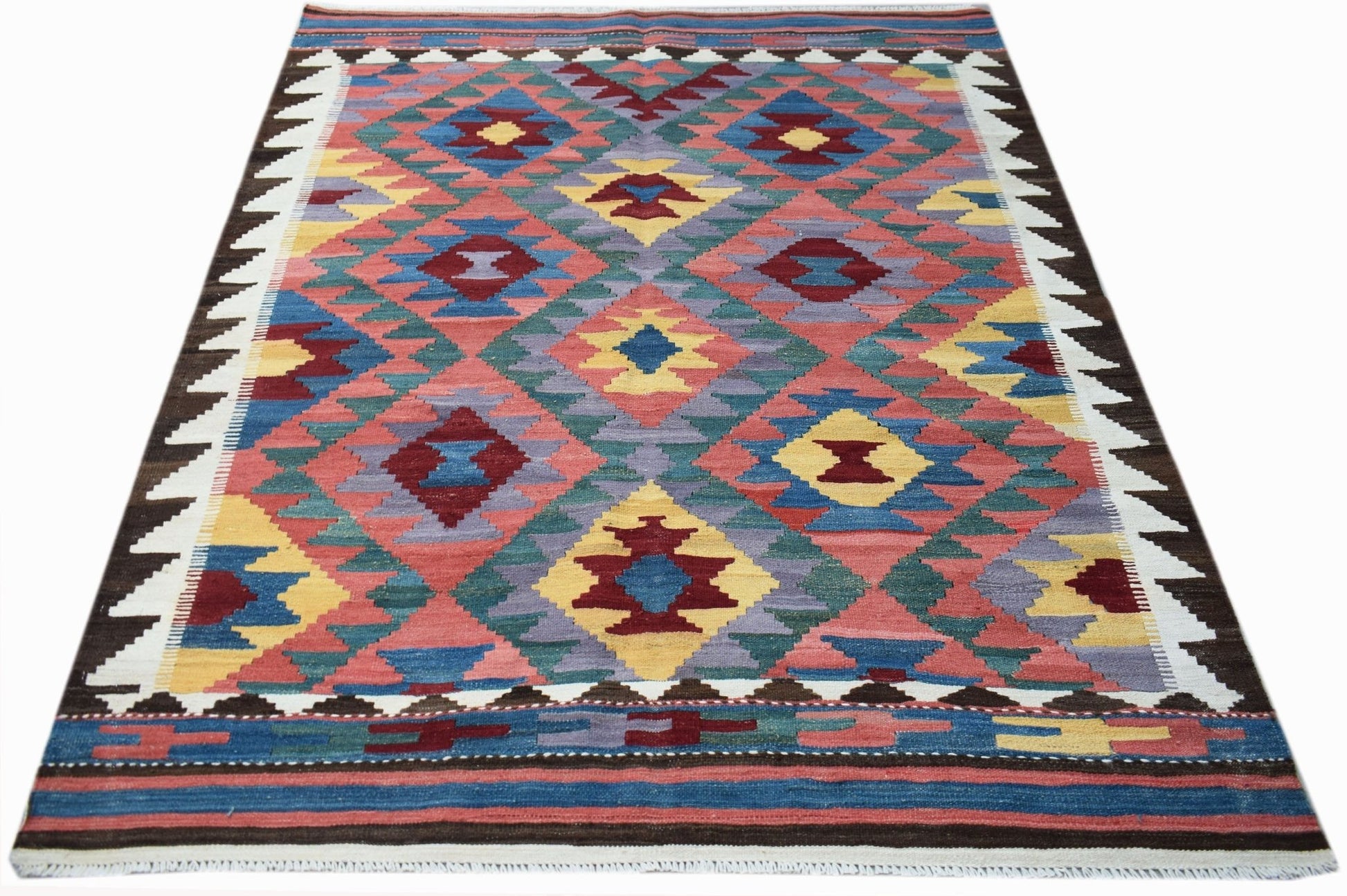 Handwoven Afghan Maimana kilim rug featuring a colorful geometric diamond pattern.