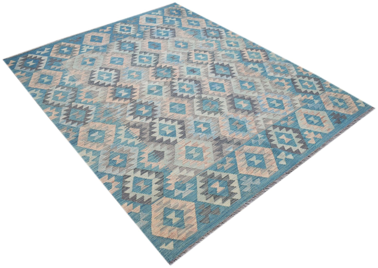 Handwoven Afghan Maimana kilim rug featuring a geometric diamond pattern in blue and beige tones.