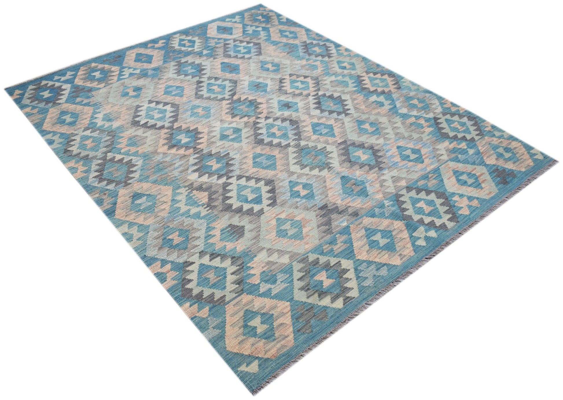 Handwoven Afghan Maimana kilim rug featuring a geometric diamond pattern in blue and beige tones.