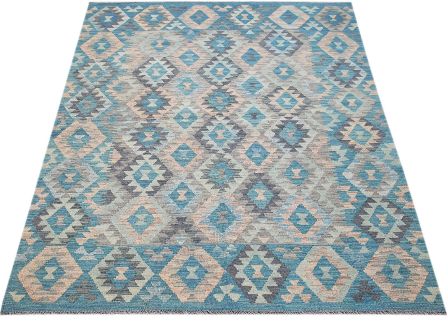 Handwoven Afghan Maimana kilim rug featuring a geometric diamond pattern in blue and beige tones.