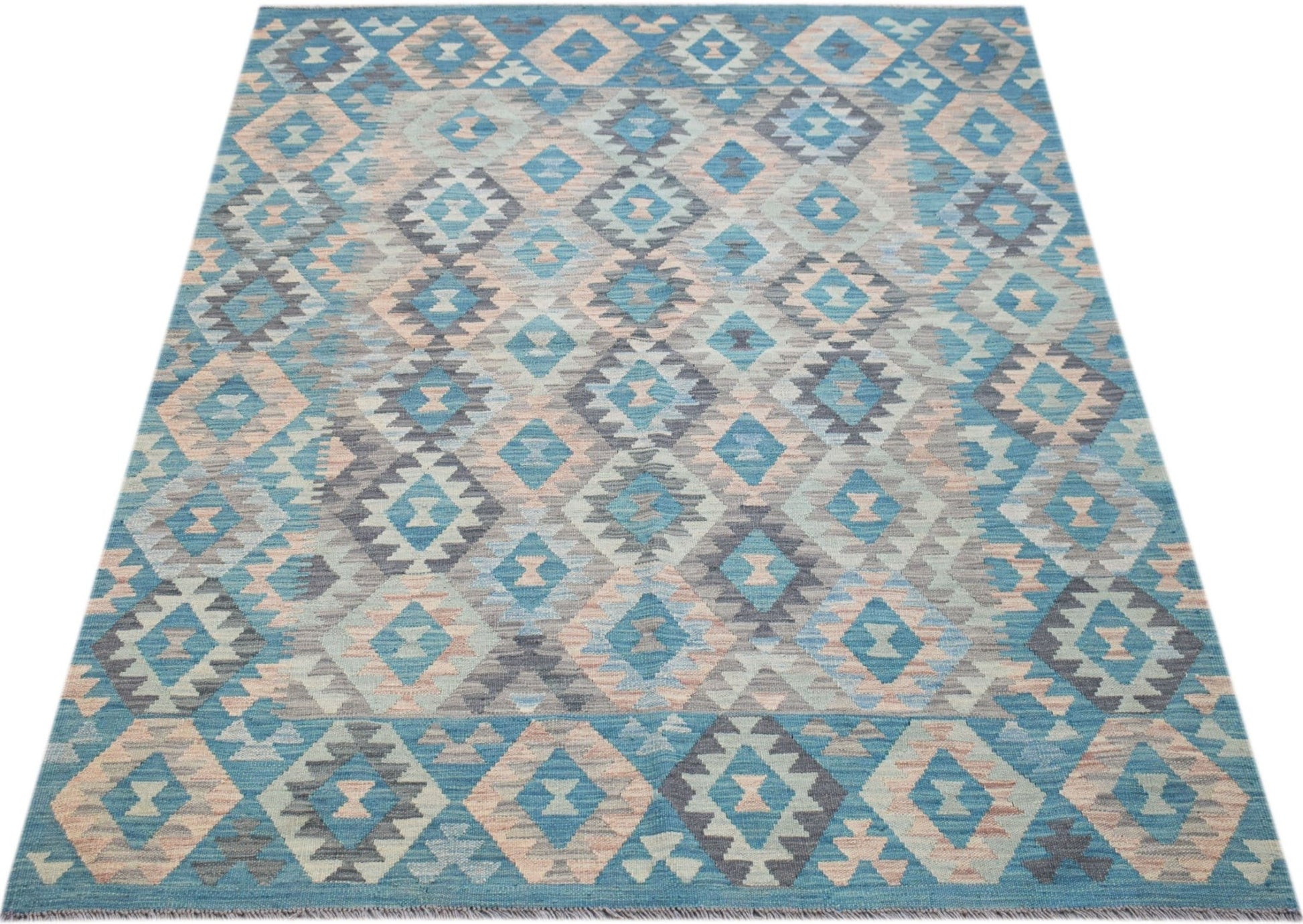 Handwoven Afghan Maimana kilim rug featuring a geometric diamond pattern in blue and beige tones.