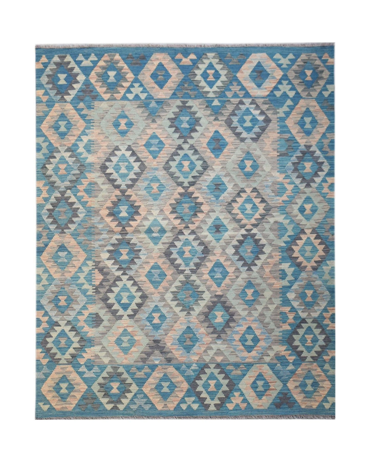 Handwoven Afghan Maimana kilim rug featuring a geometric diamond pattern in blue and peach tones.
