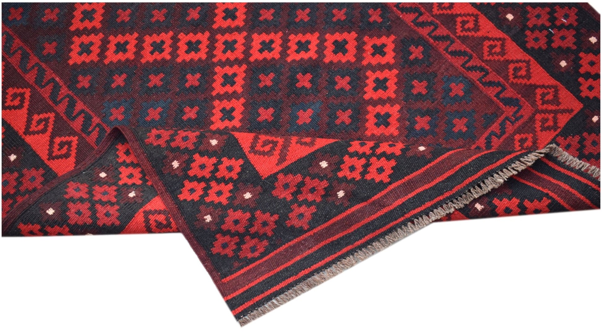 Handwoven Afghan Maimana kilim featuring a geometric red and black pattern with a flat weave.