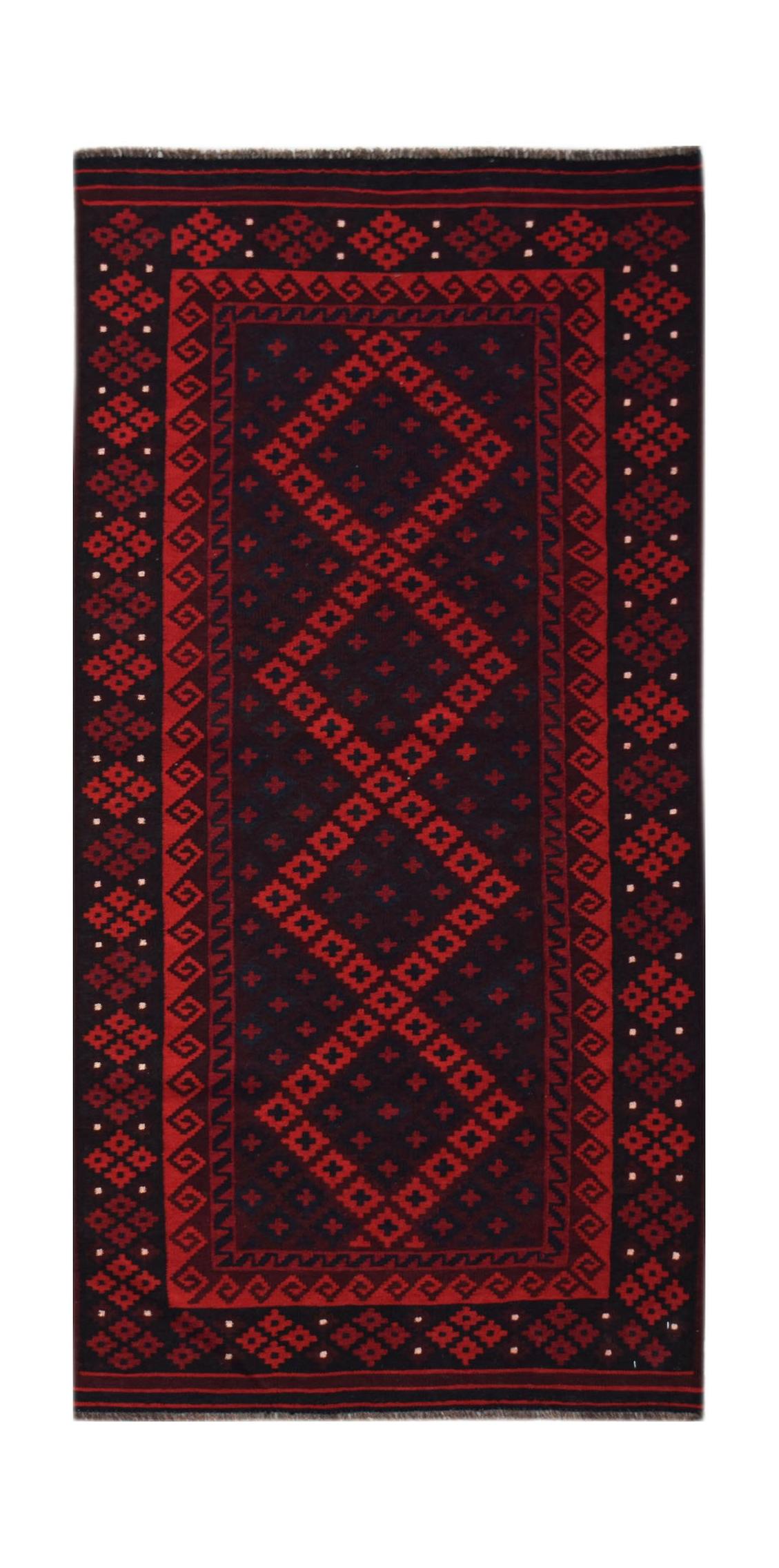 Handwoven Afghan Maimana kilim rug featuring a geometric diamond pattern in red and black wool.