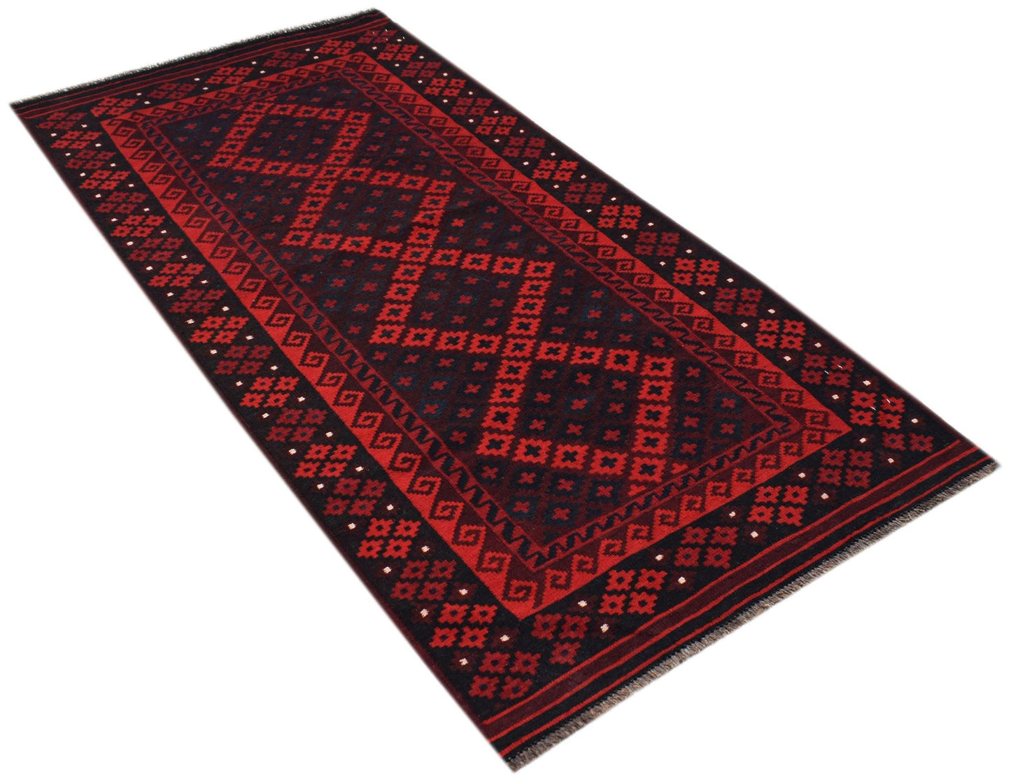 Handwoven Afghan Maimana kilim rug featuring a geometric red and black pattern.