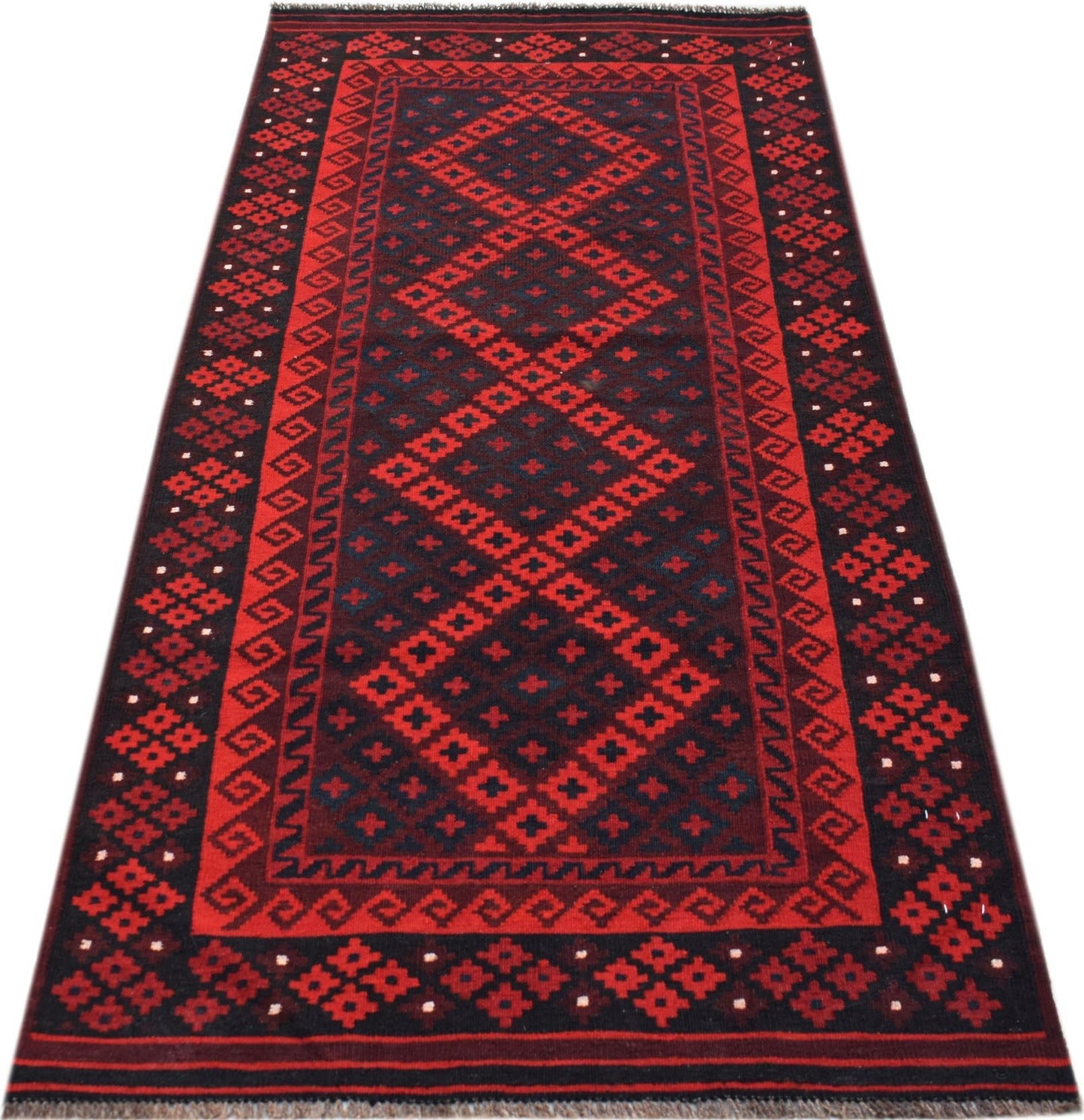Handwoven Afghan Maimana Kilim runner featuring a geometric diamond pattern in red and black wool.