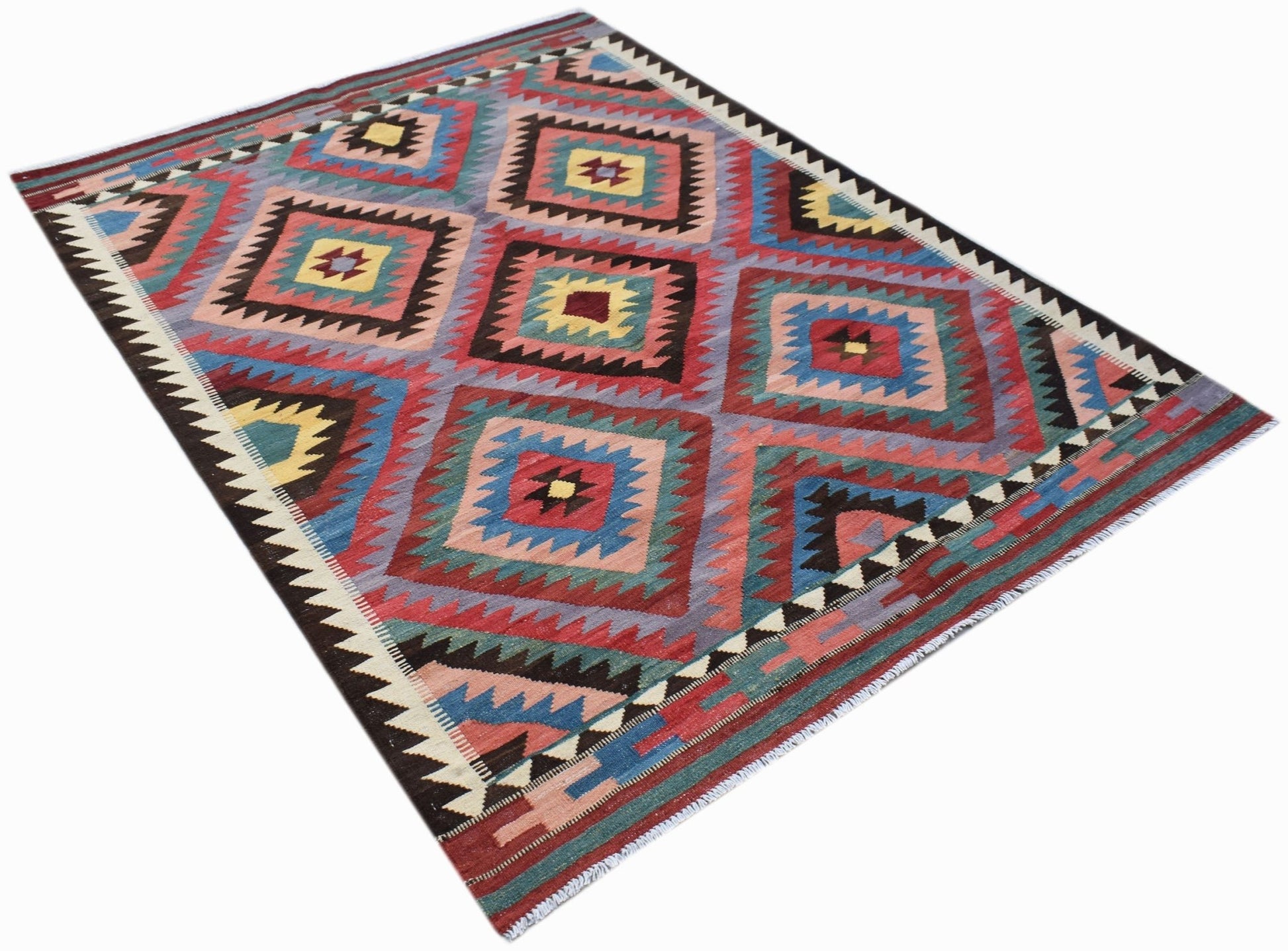 Handmade Afghan Maimana kilim rug featuring a colorful geometric diamond pattern.