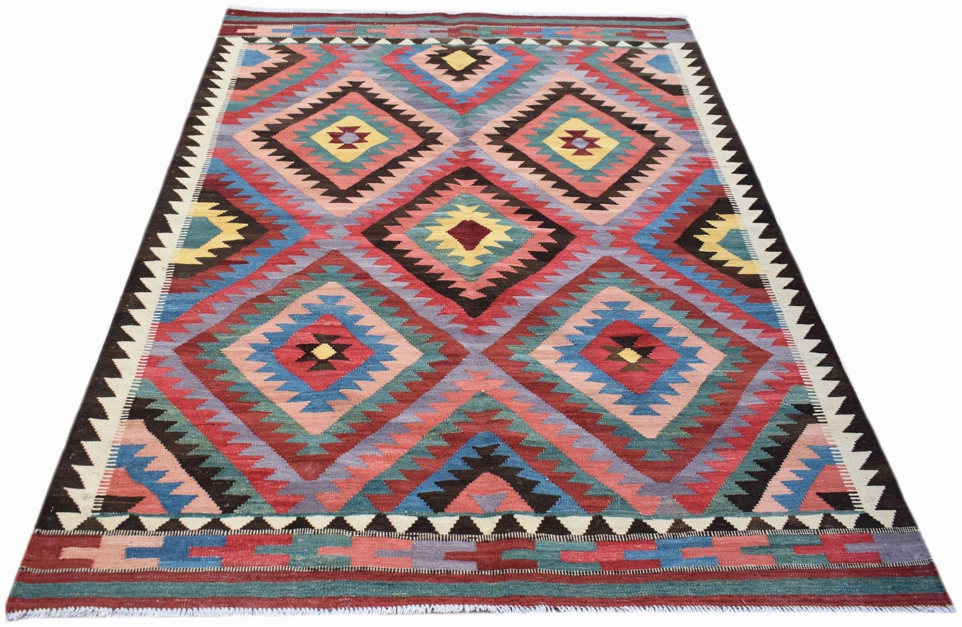 Handwoven Afghan Maimana kilim rug featuring a colorful geometric diamond pattern in wool.