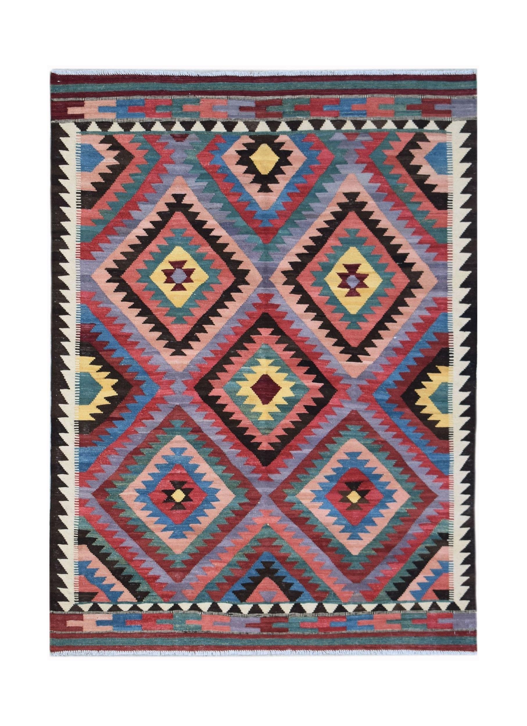 Handwoven Afghan Maimana kilim rug featuring a colorful geometric diamond pattern in wool.