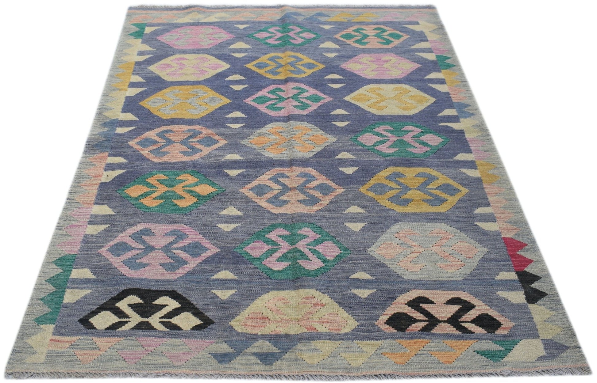Handwoven Afghan Maimana kilim rug featuring a blue field with colorful geometric patterns.