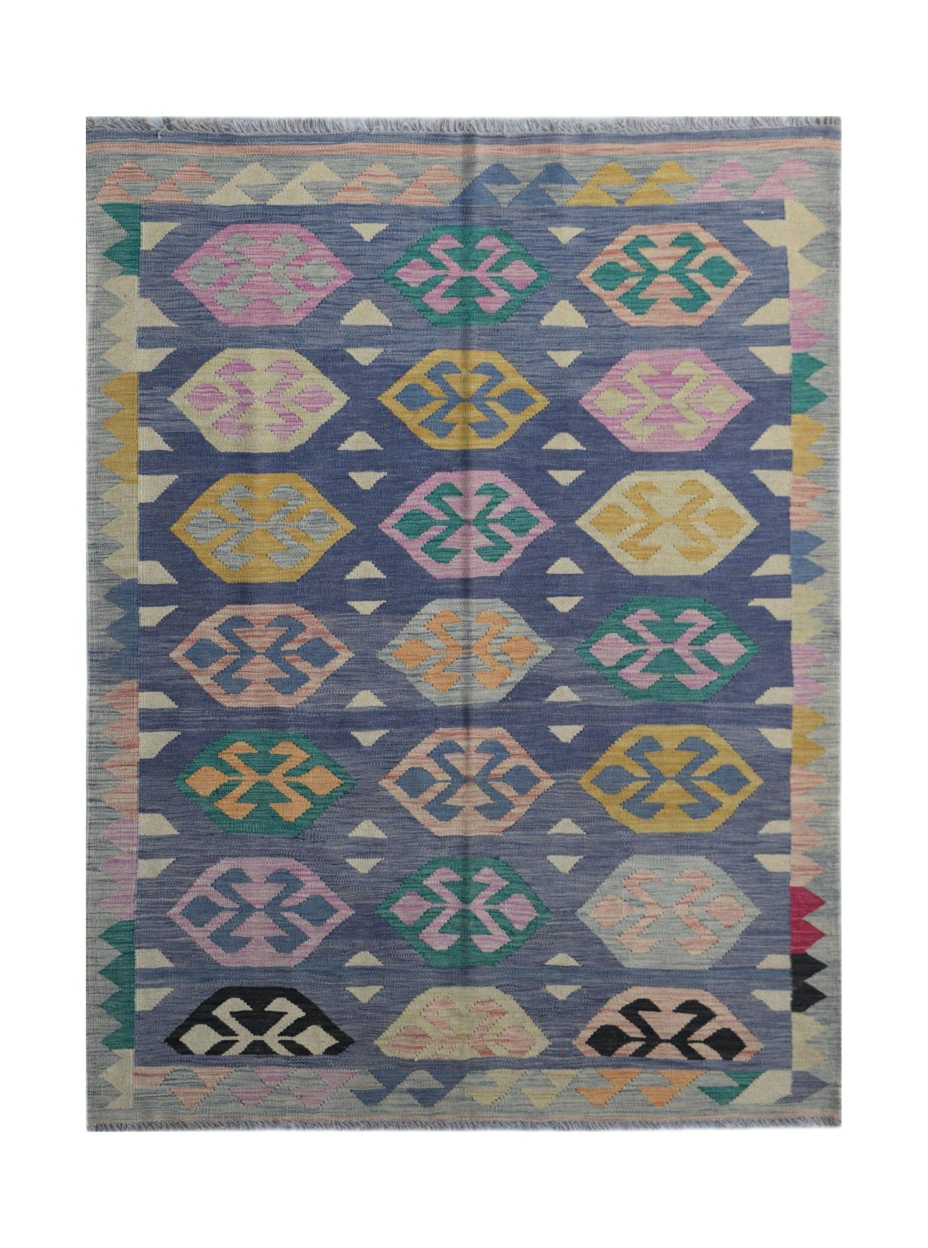 Handwoven Afghan Maimana kilim rug featuring a blue field with colorful geometric motifs.