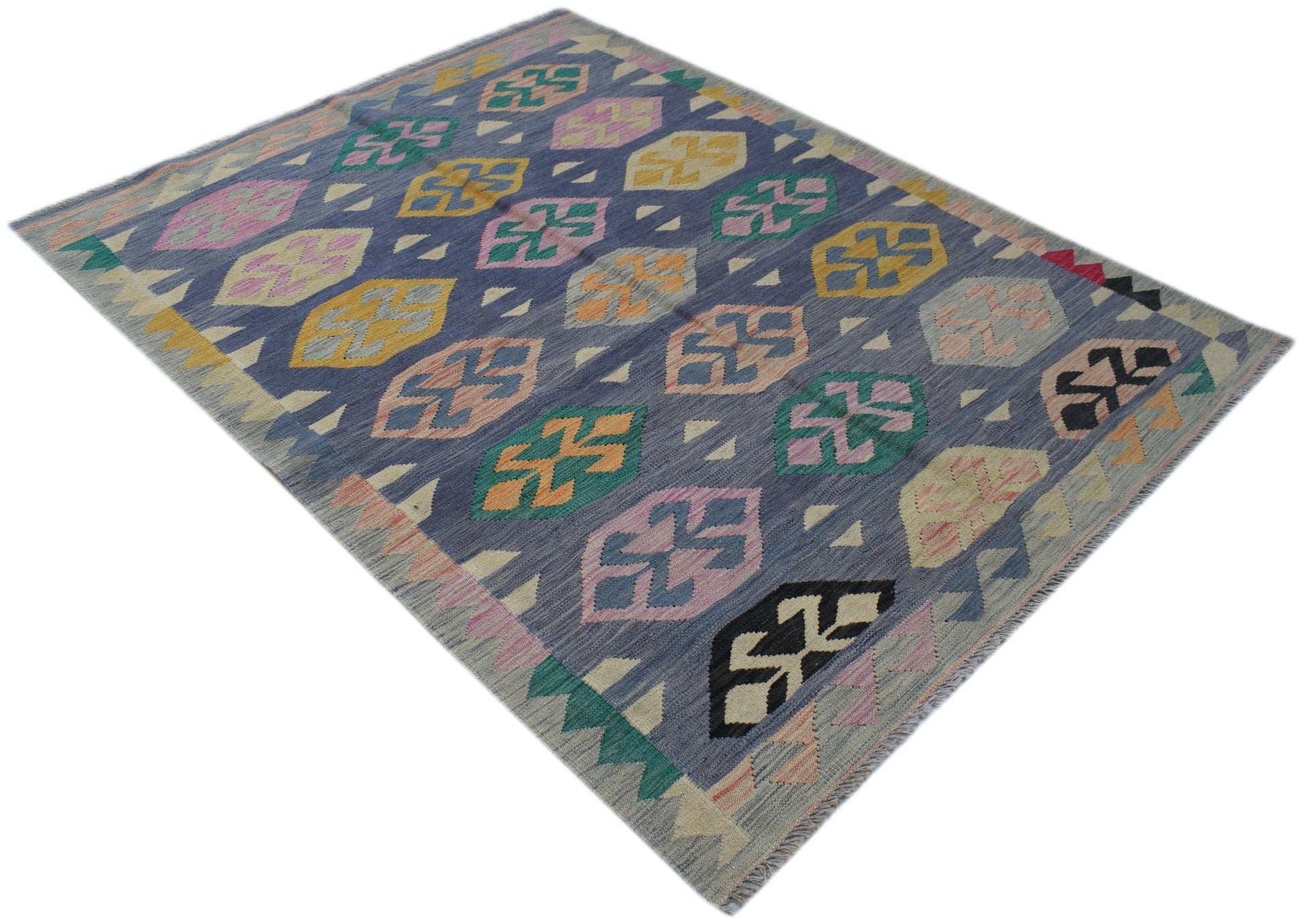 Handwoven Afghan Maimana kilim rug featuring a blue field with colorful geometric patterns.