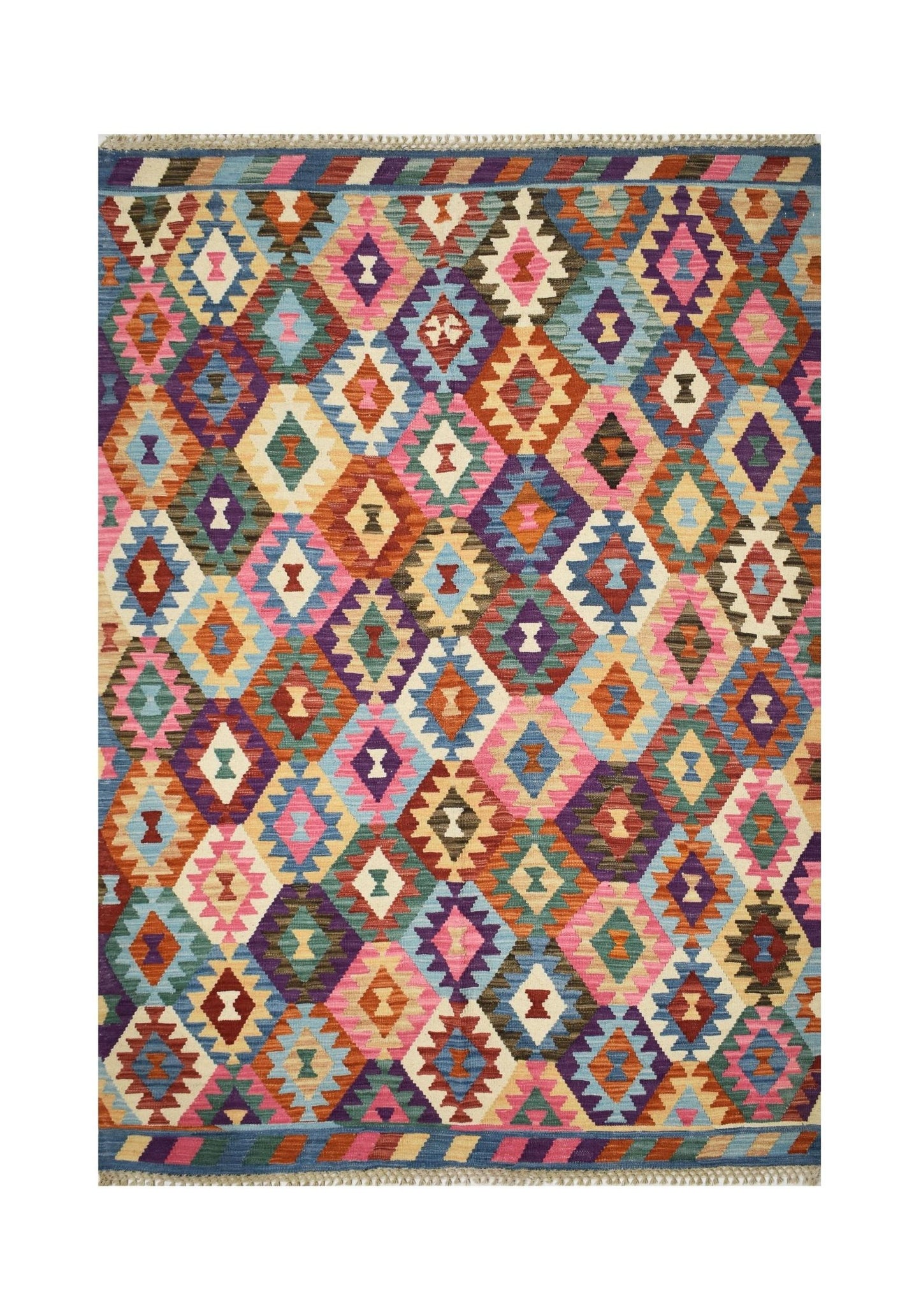 Handmade Afghan Maimana kilim rug featuring a vibrant, multicolored geometric diamond pattern.