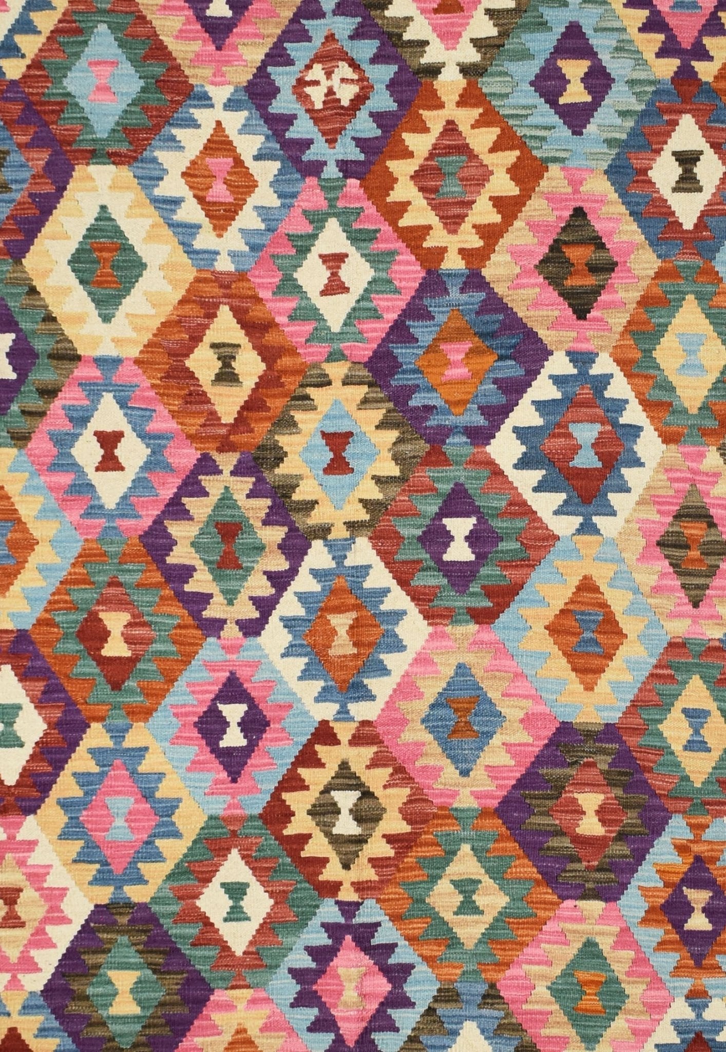 Handmade Afghan Maimana kilim rug featuring a vibrant geometric diamond pattern in wool.