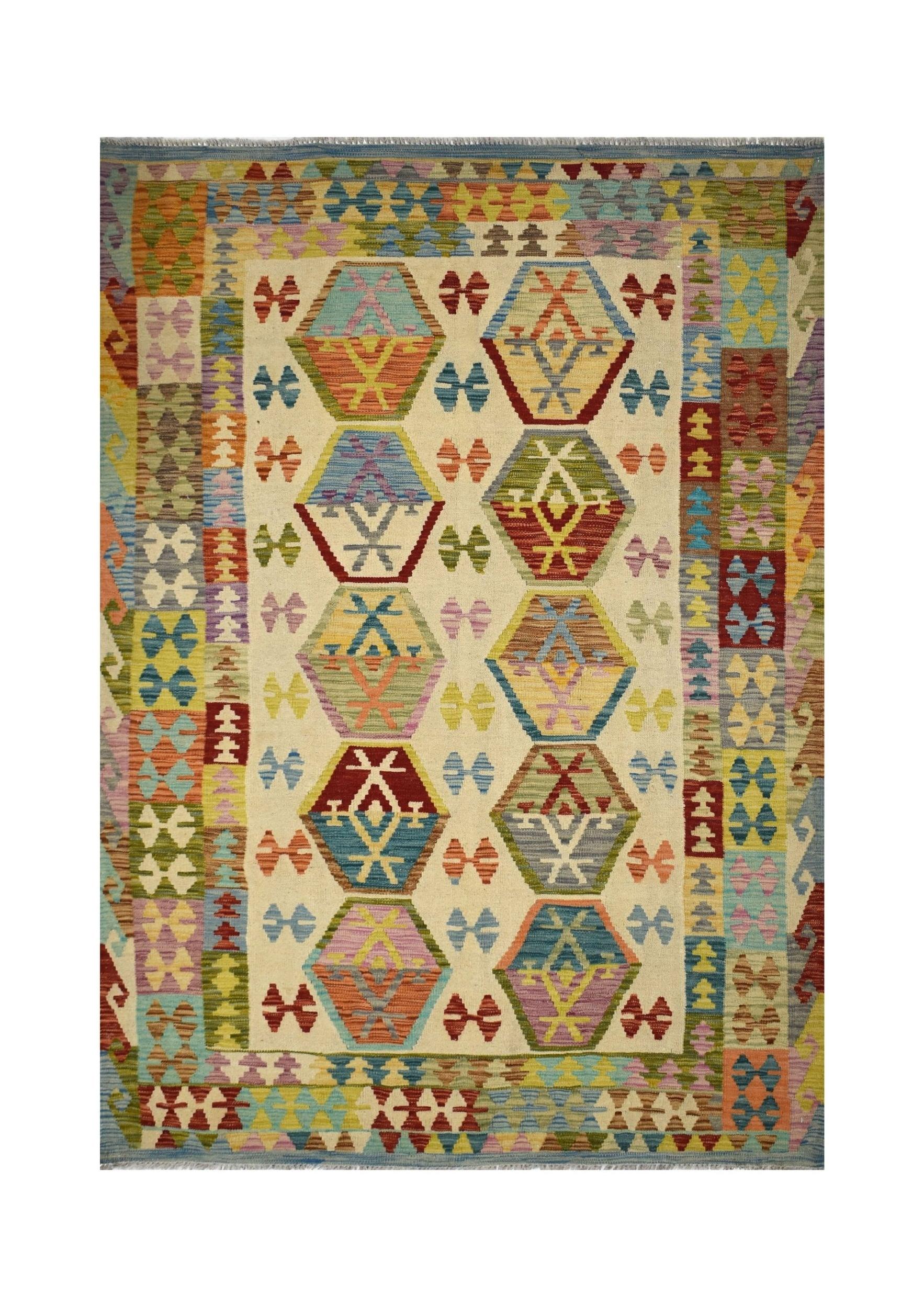 Handmade Afghan Maimana kilim rug featuring a colorful geometric pattern on a cream background.