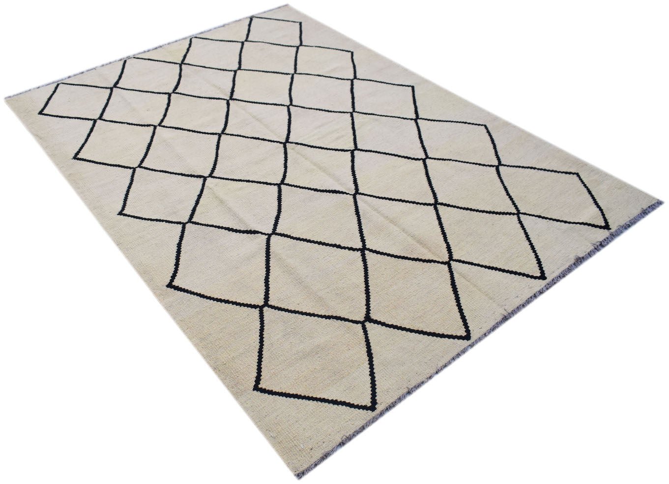 Handwoven Afghan Maimana kilim rug featuring a cream background with a black diamond pattern.