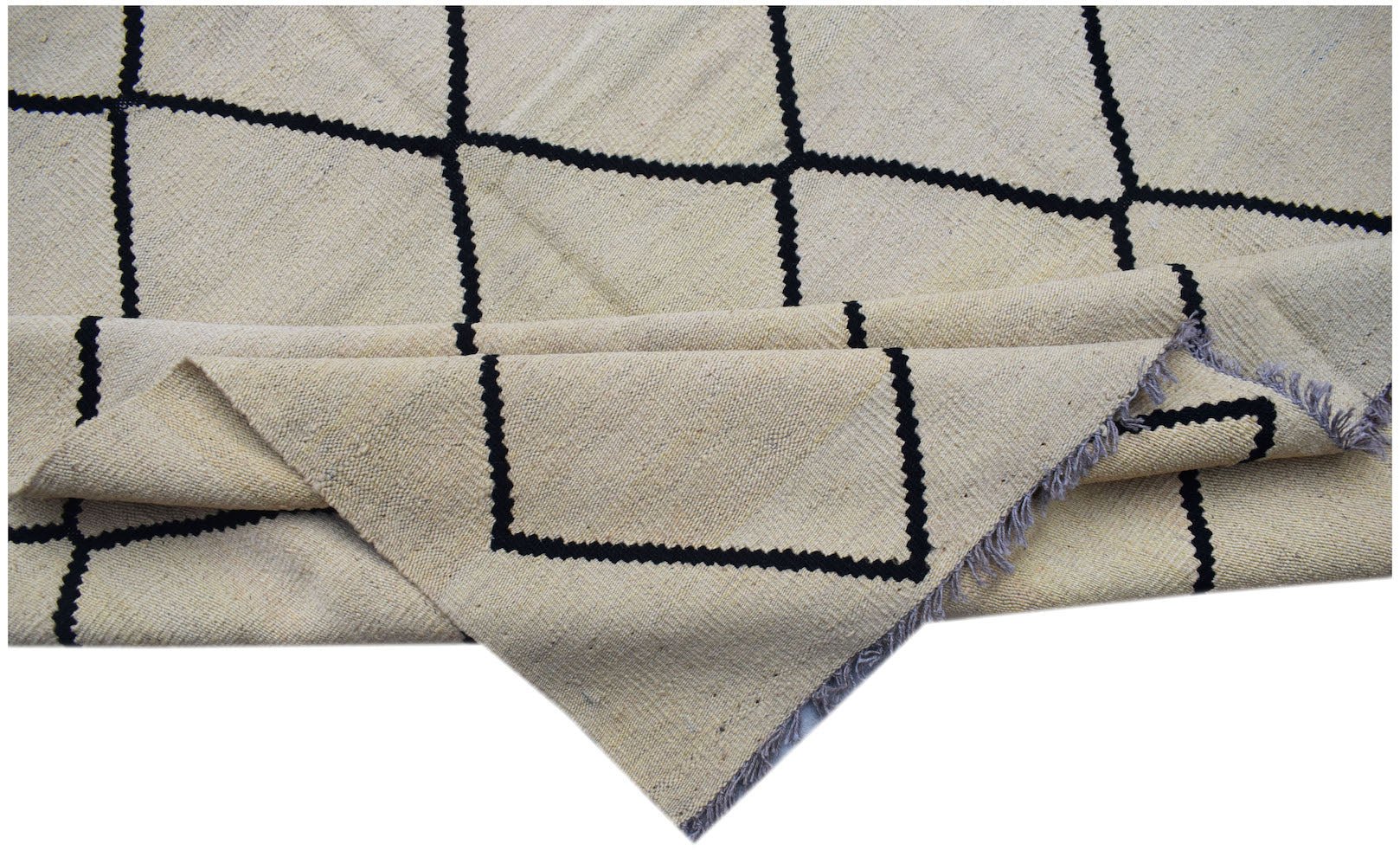 Handwoven Afghan Maimana kilim featuring a cream wool base with a black geometric grid pattern.