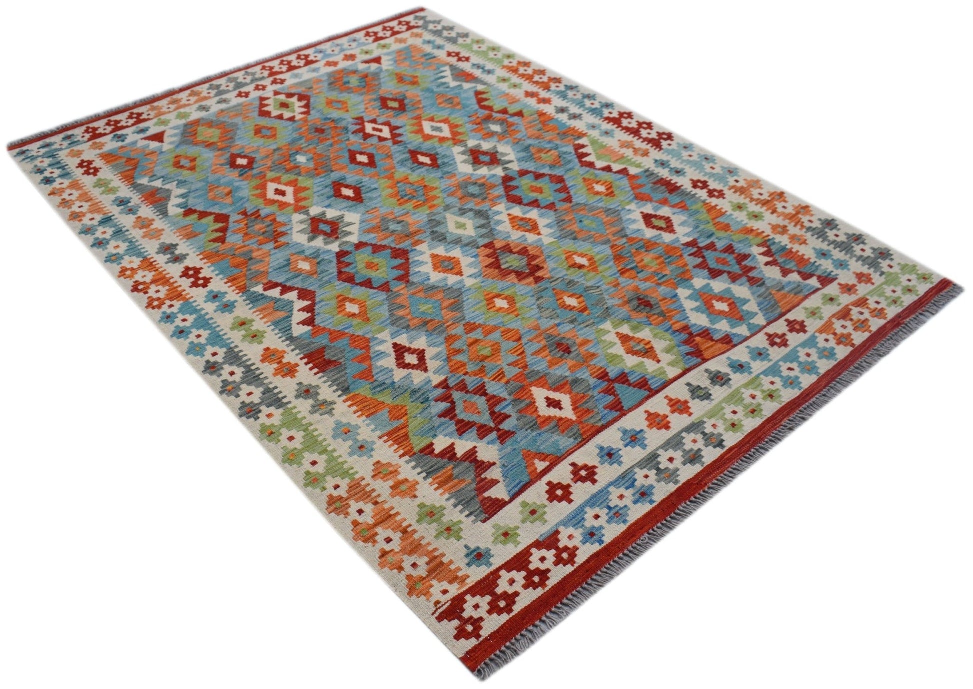 Handwoven Afghan Maimana kilim rug featuring a colorful geometric pattern and fringed edges.