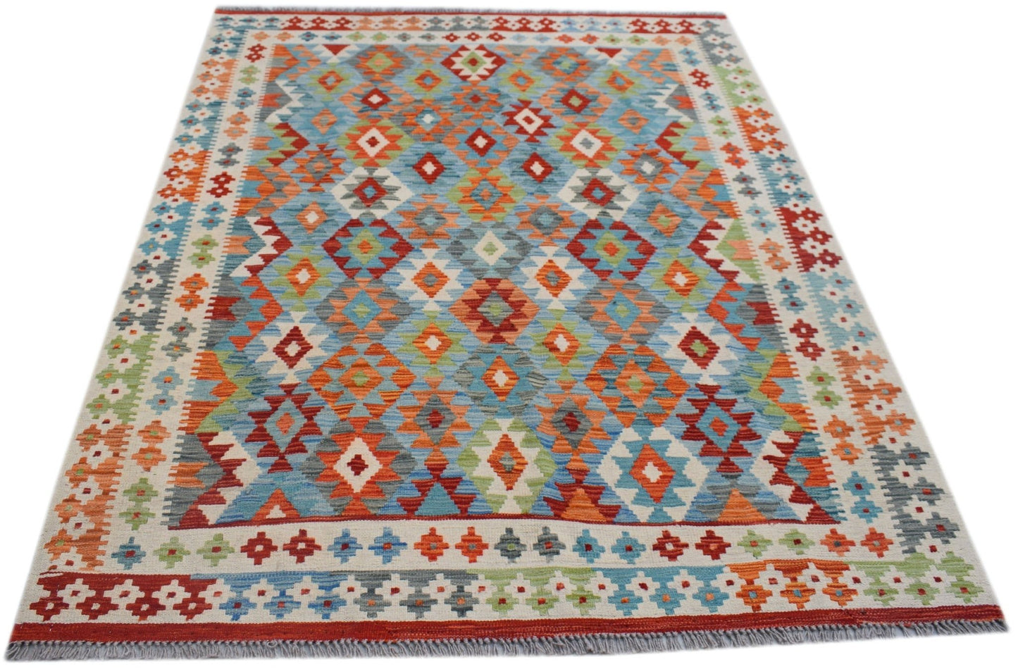 Handwoven Afghan Maimana kilim rug featuring a colorful geometric diamond pattern on a blue field.