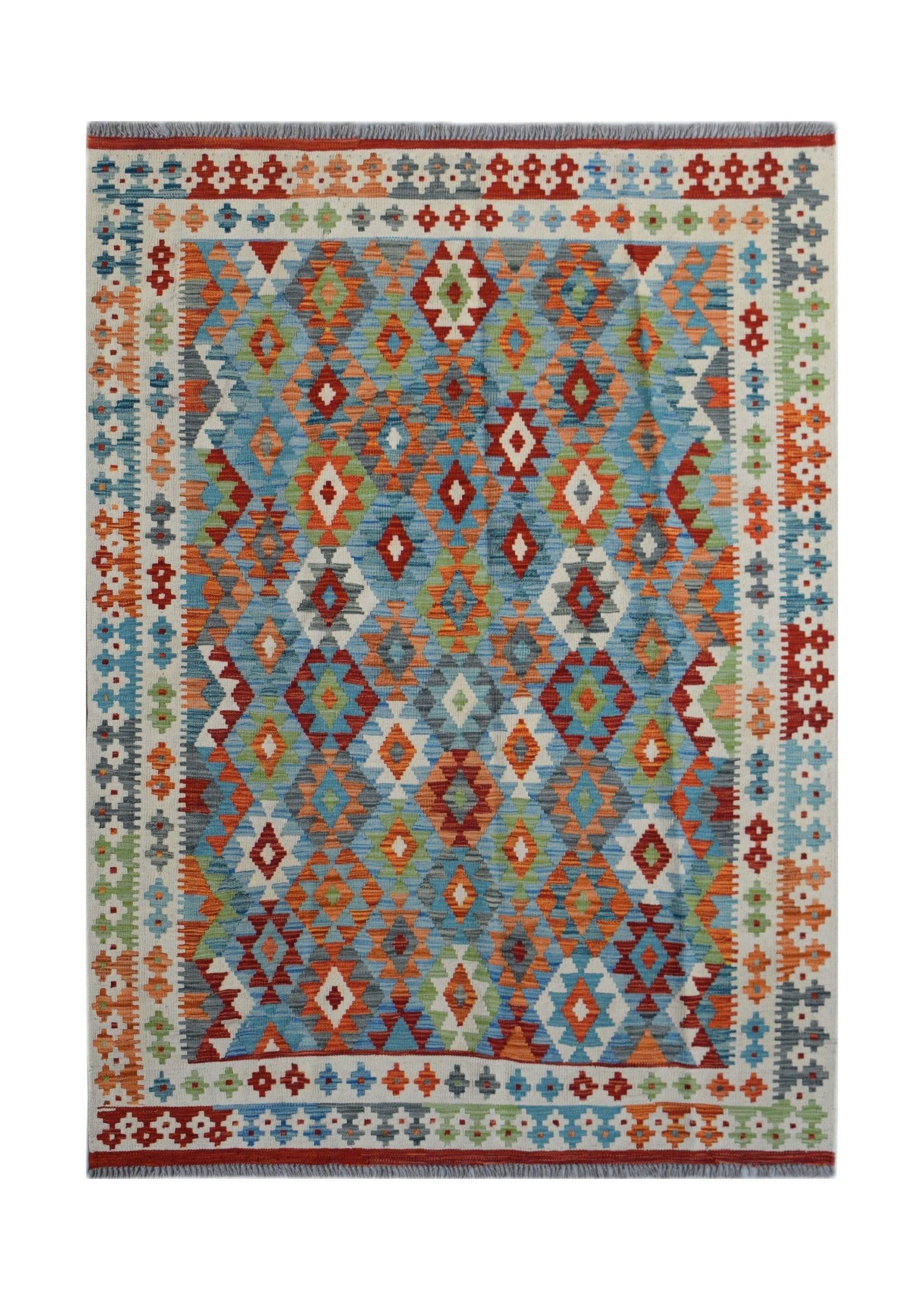 Handwoven Afghan Maimana kilim rug featuring a vibrant geometric diamond pattern in wool.
