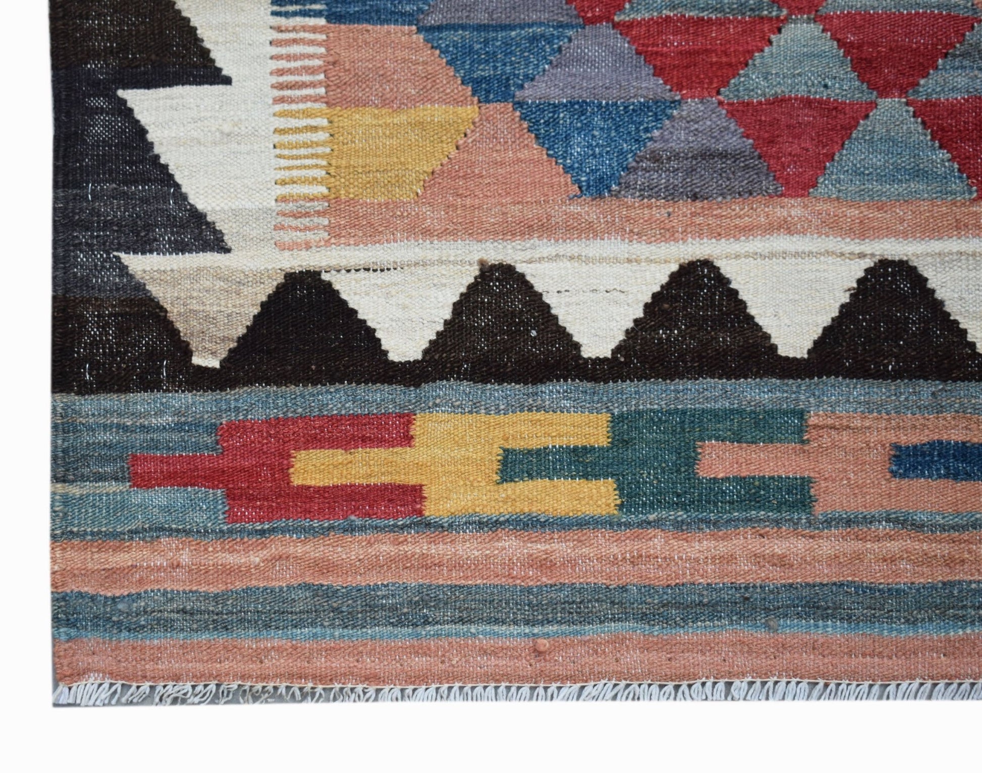 Handwoven Afghan Maimana kilim featuring a geometric pattern in vibrant wool colors.
