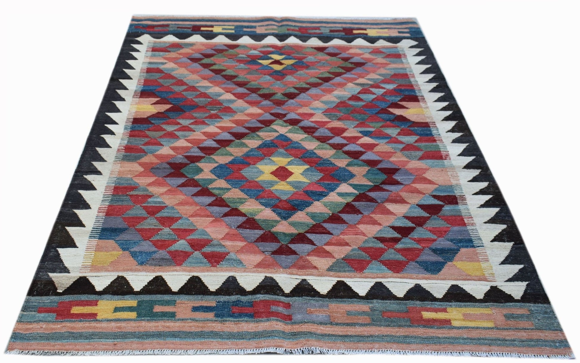 Handwoven Afghan Maimana kilim rug featuring a colorful geometric diamond pattern.