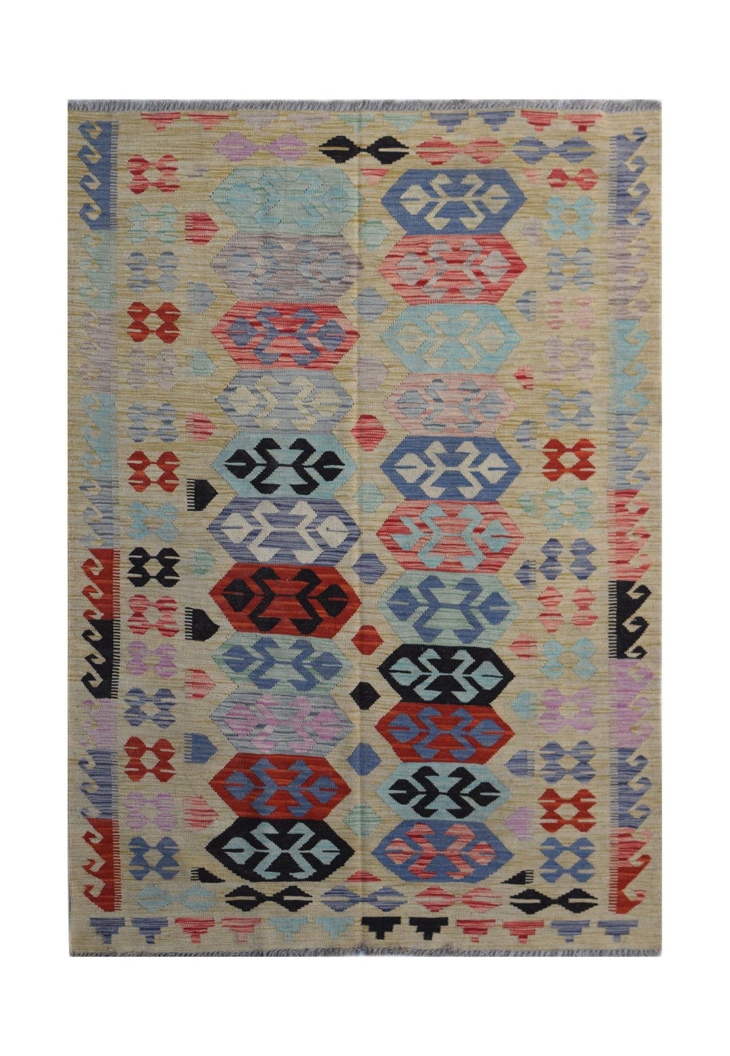 Handwoven Afghan Maimana kilim rug featuring a geometric pattern in vibrant multicolored tones.