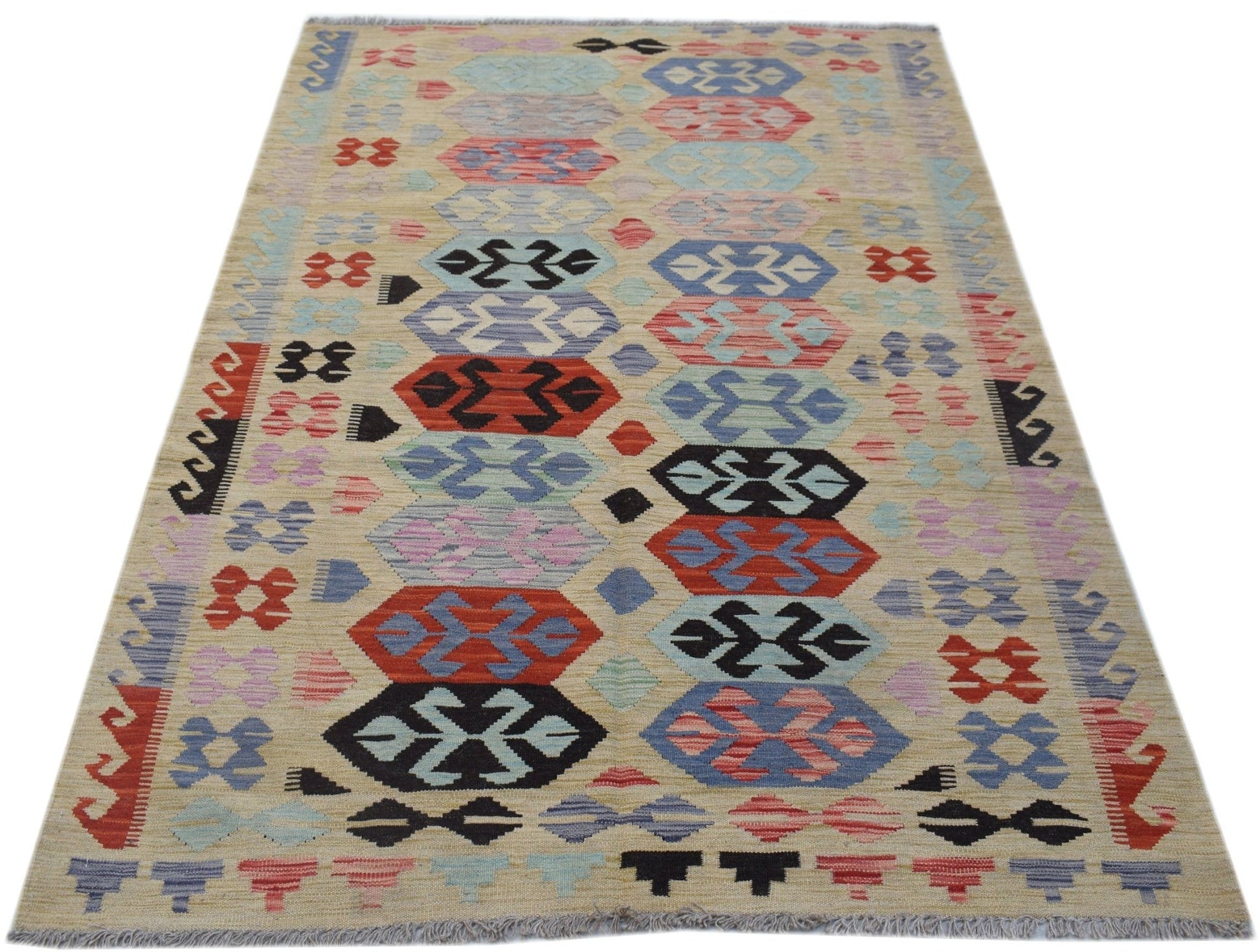 Handwoven Afghan Maimana kilim rug featuring a geometric pattern in red, blue, and black wool.