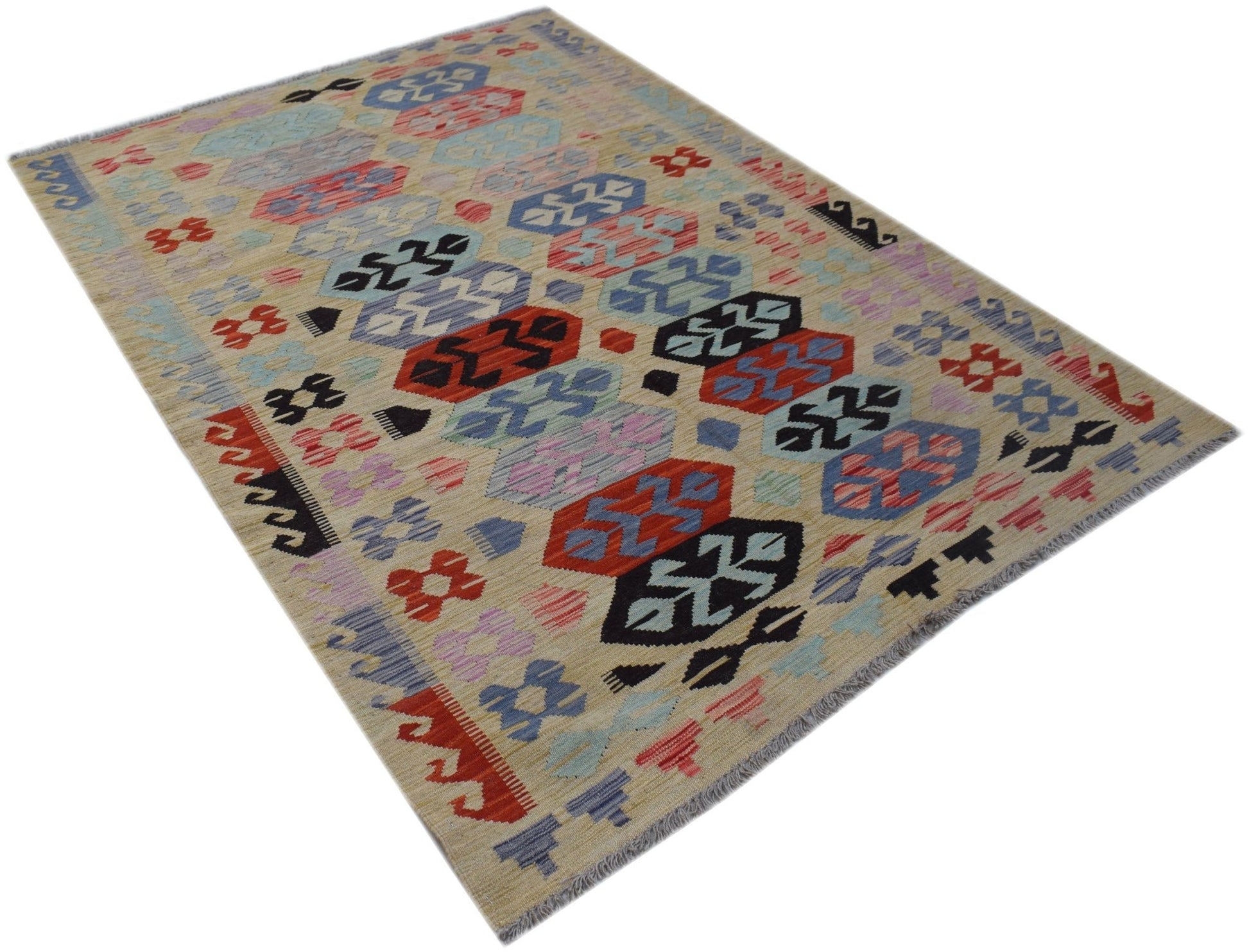 Handwoven Afghan Maimana kilim rug featuring a geometric pattern in red, blue, and neutral tones.