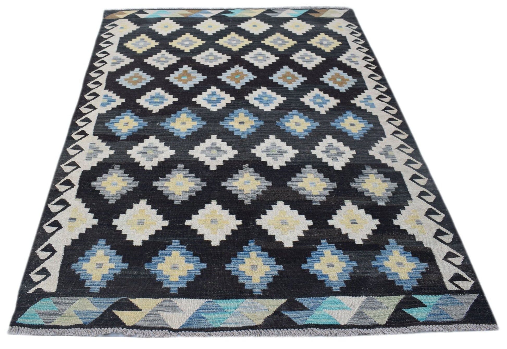 Handmade Afghan Maimana kilim rug featuring a black background with colorful geometric patterns.