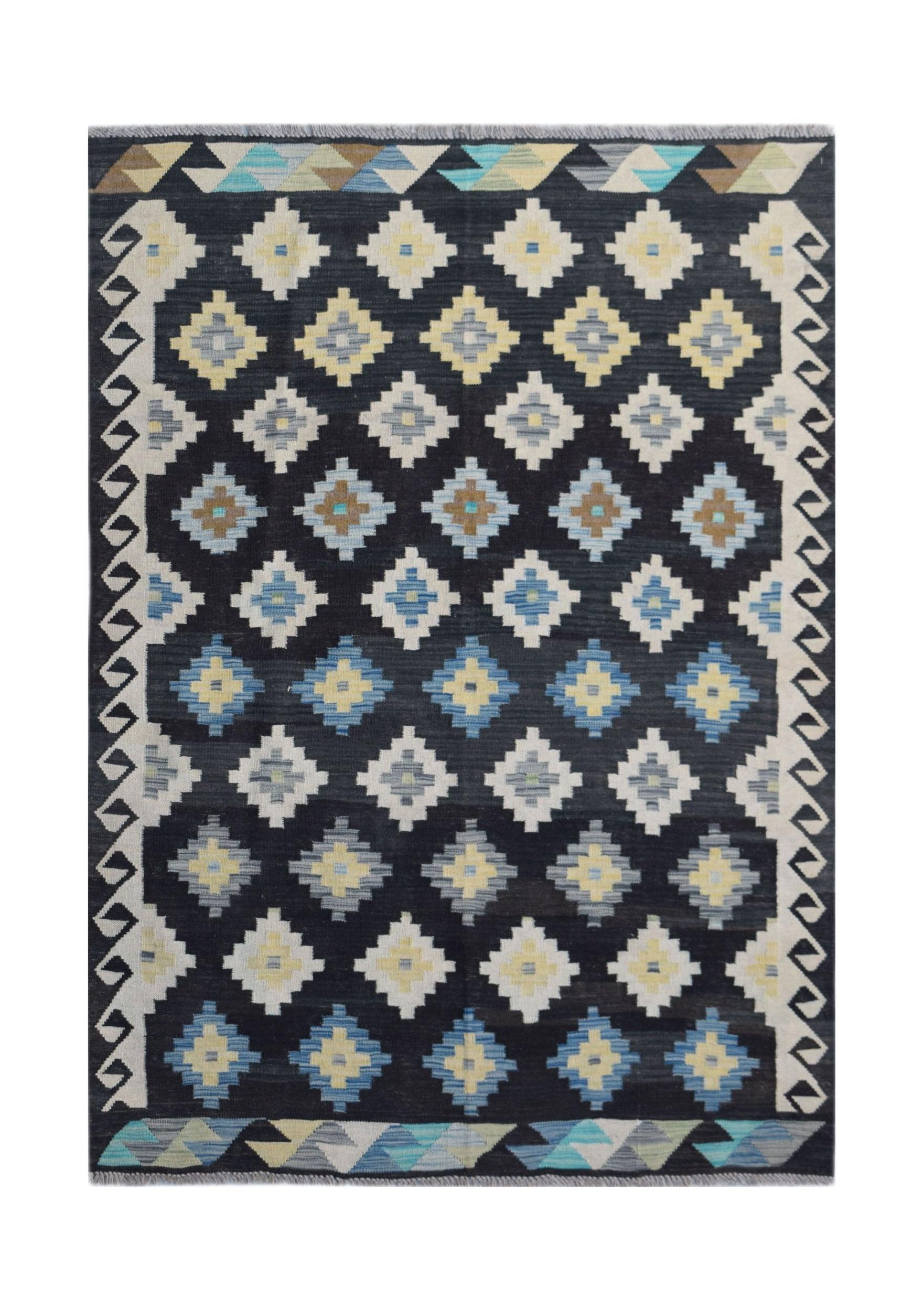 Handwoven Afghan Maimana kilim featuring a geometric diamond pattern in blue, yellow, and brown.